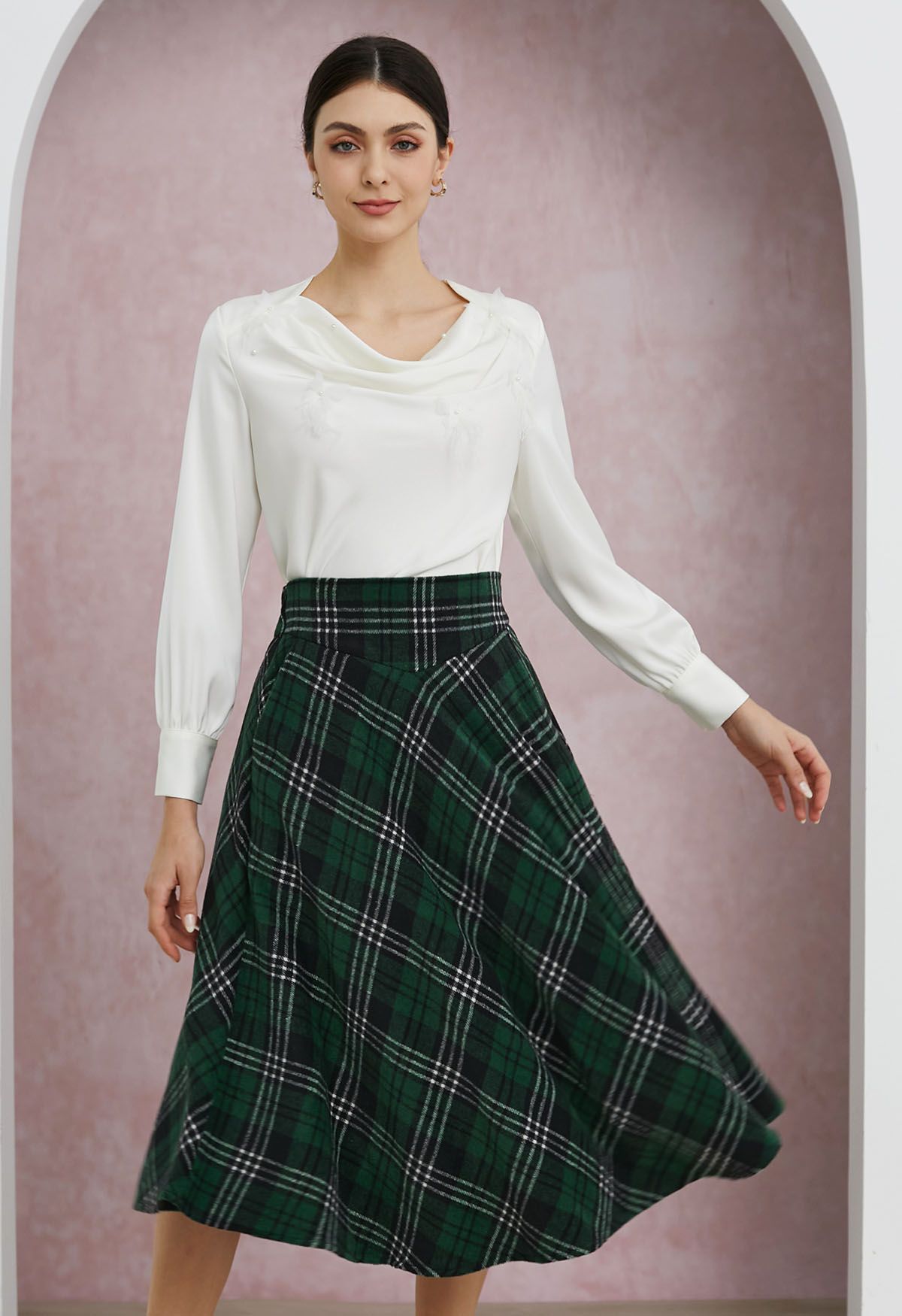 Sophisticated Plaid A-Line Midi Skirt in Dark Green