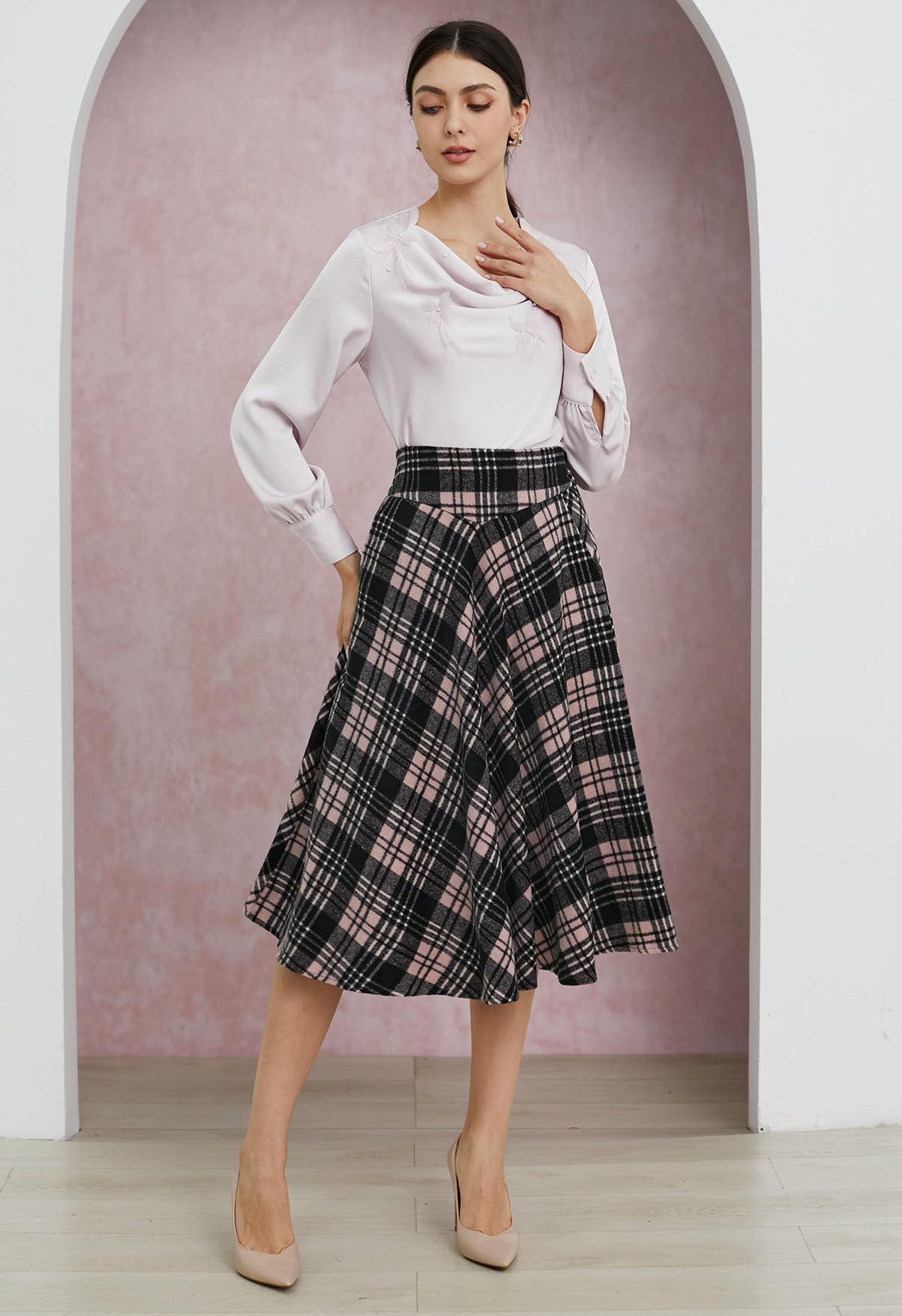 Sophisticated Plaid A-Line Midi Skirt in Pink