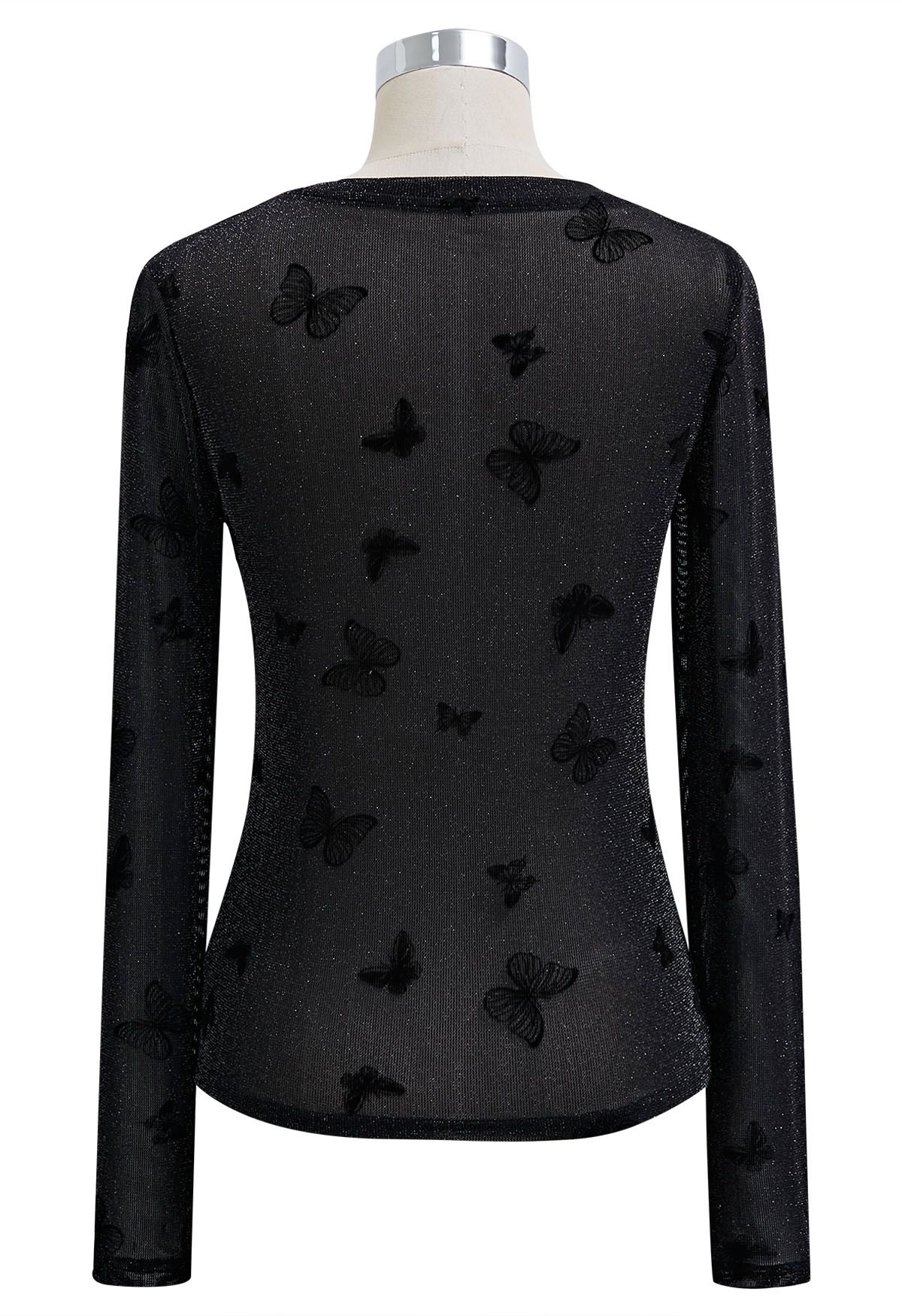 Velvet Butterfly Glitter Mesh Long-Sleeve Top