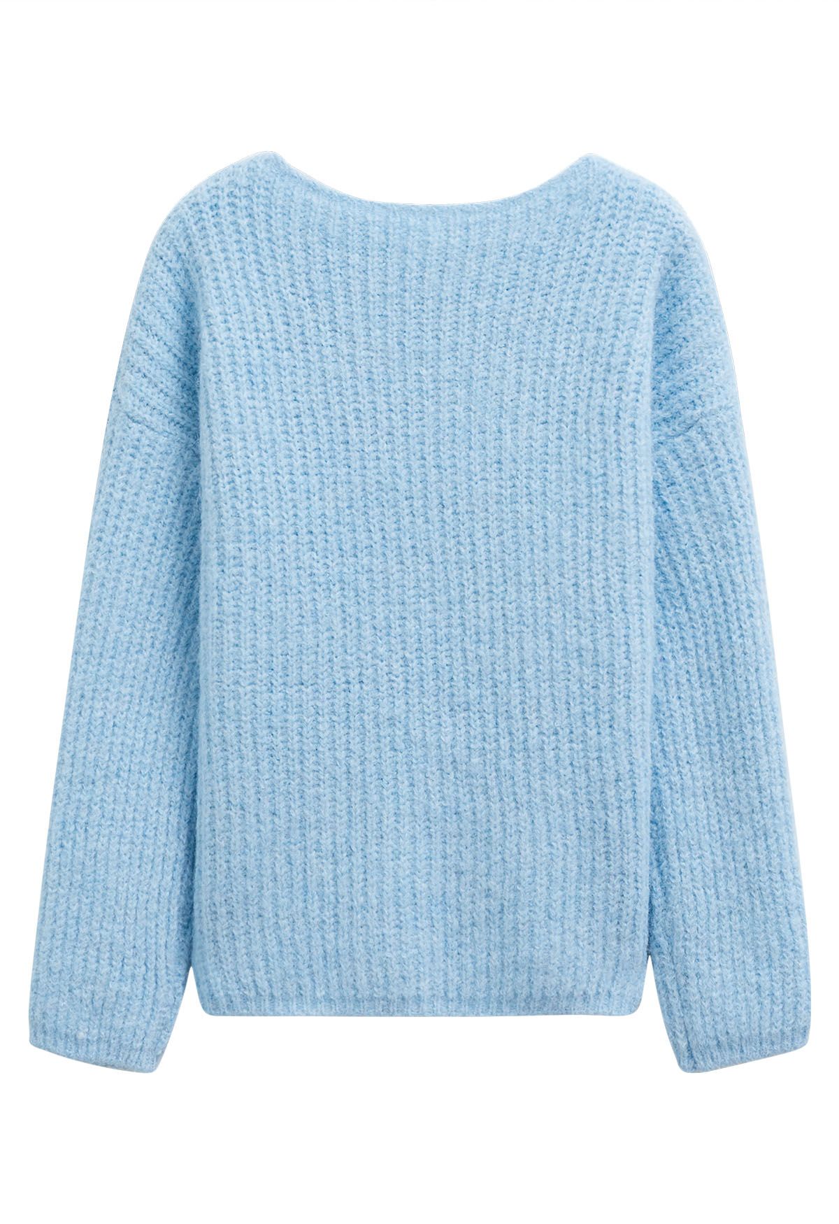 Solid Color Rib Knit Sweater in Light Blue