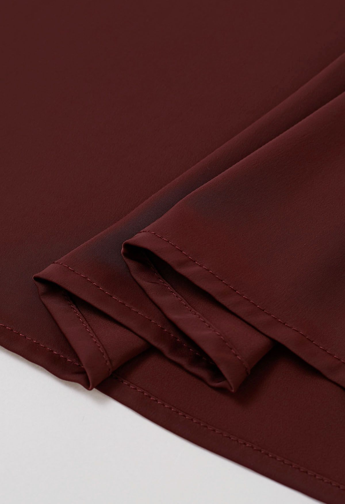 Pearl Neckline Side Bowknot Satin Top in Burgundy