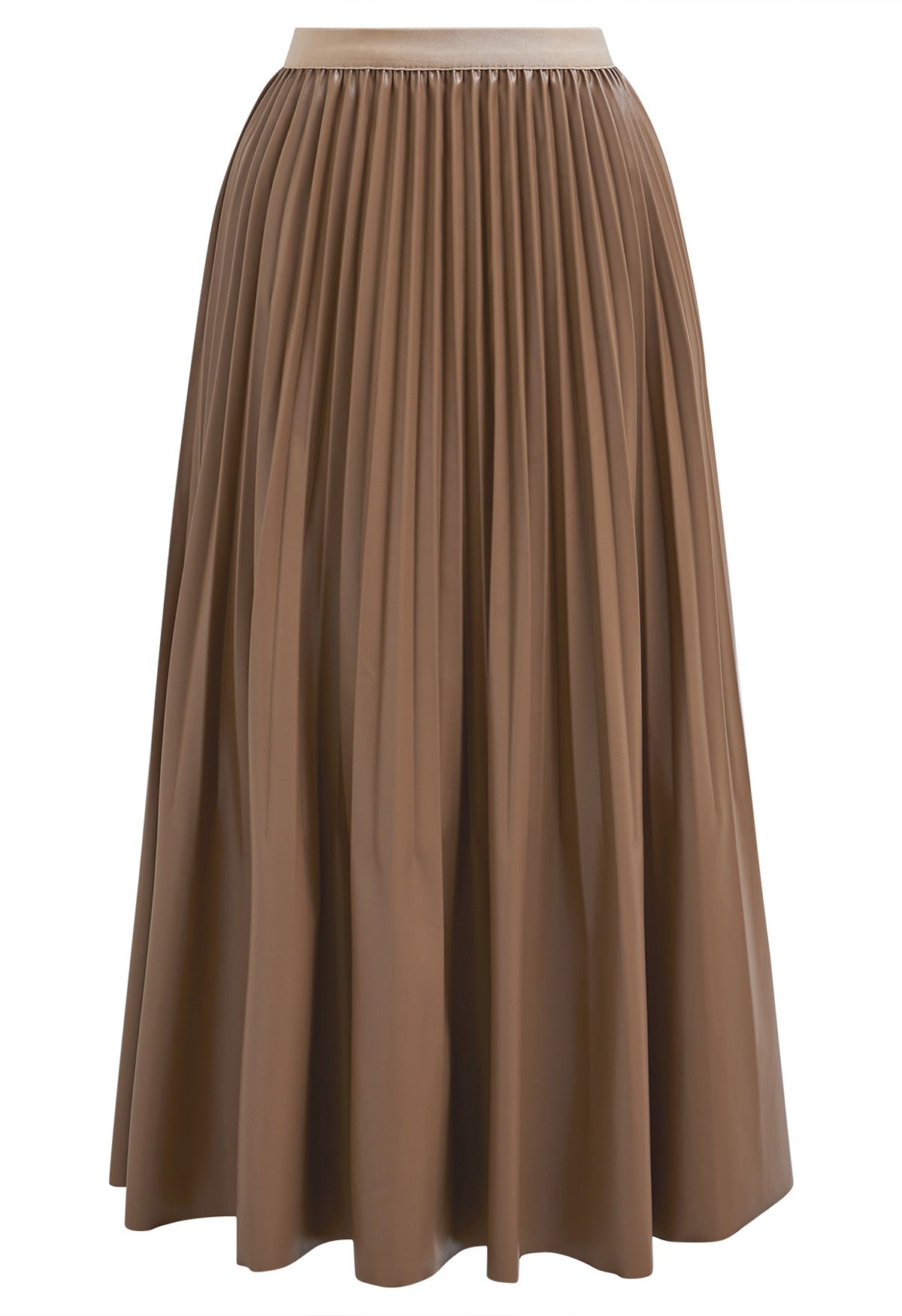 Versatile Faux Leather Pleated Midi Skirt in Brown