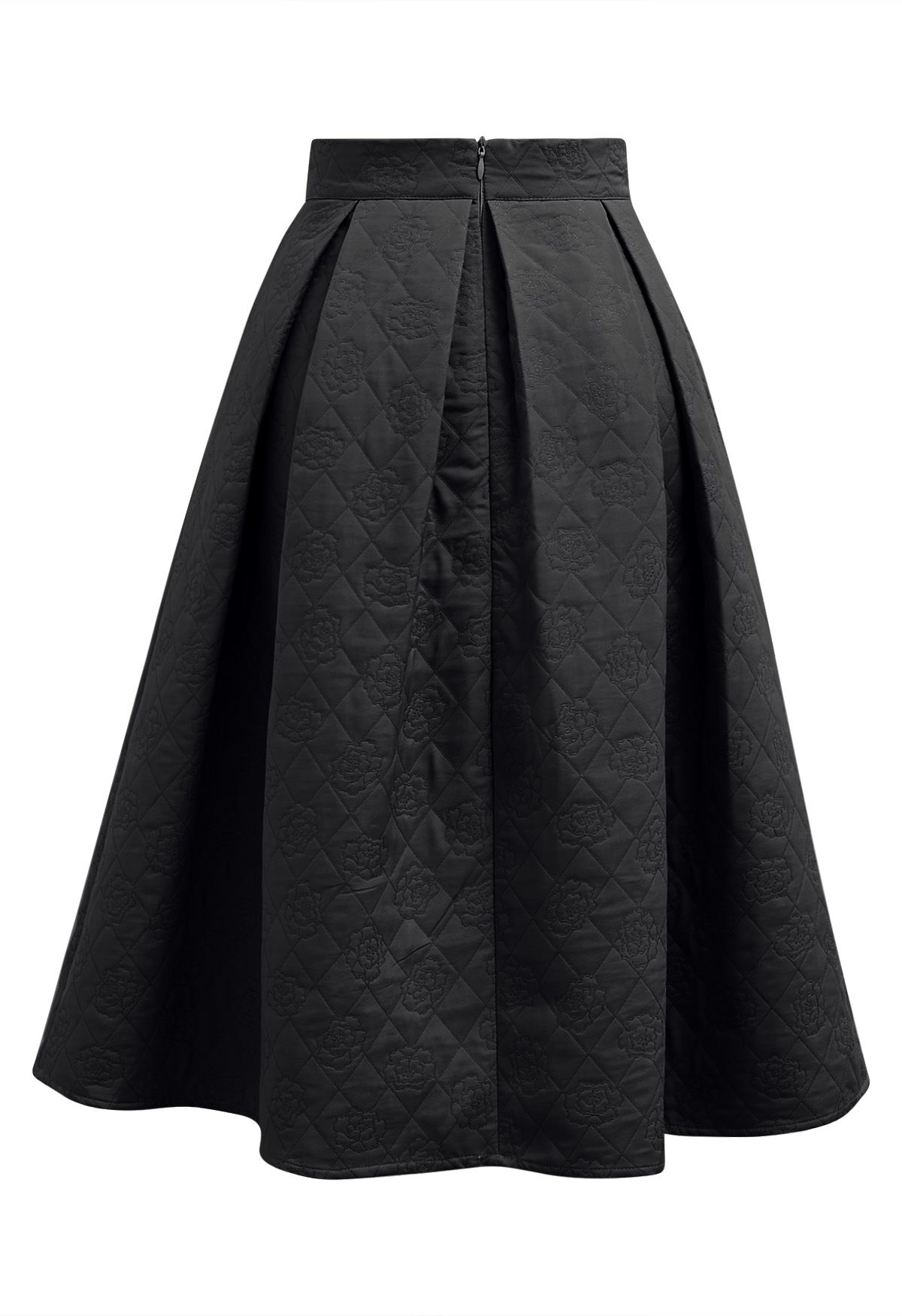 Graceful Silhouette Rose Embossed Pleats Midi Skirt in Black