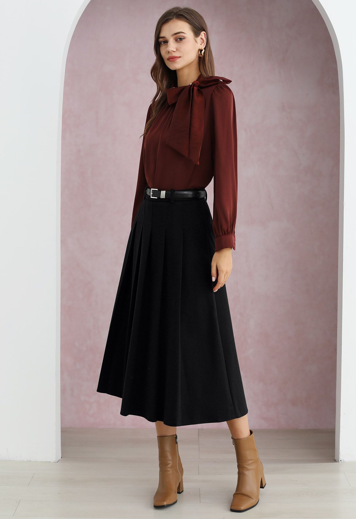 All Seasons Belted Pleated Midi Skirt in Black