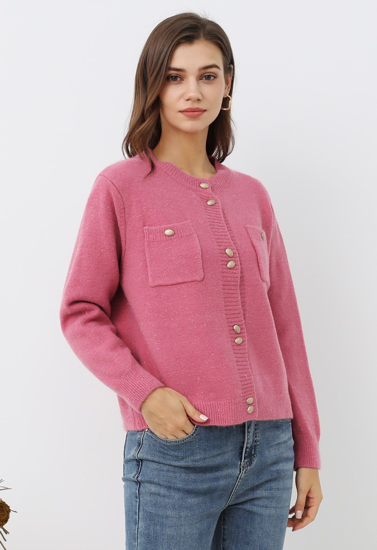 Stylish Button Shimmer Fringe Knit Cardigan in Candy Pink