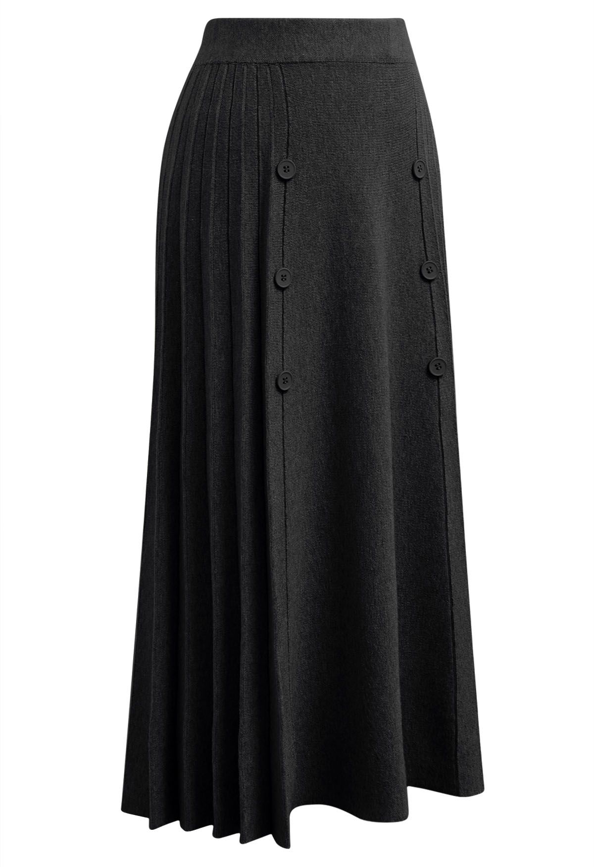 Soft Elegance Button Trim Pleats Knit Skirt in Black