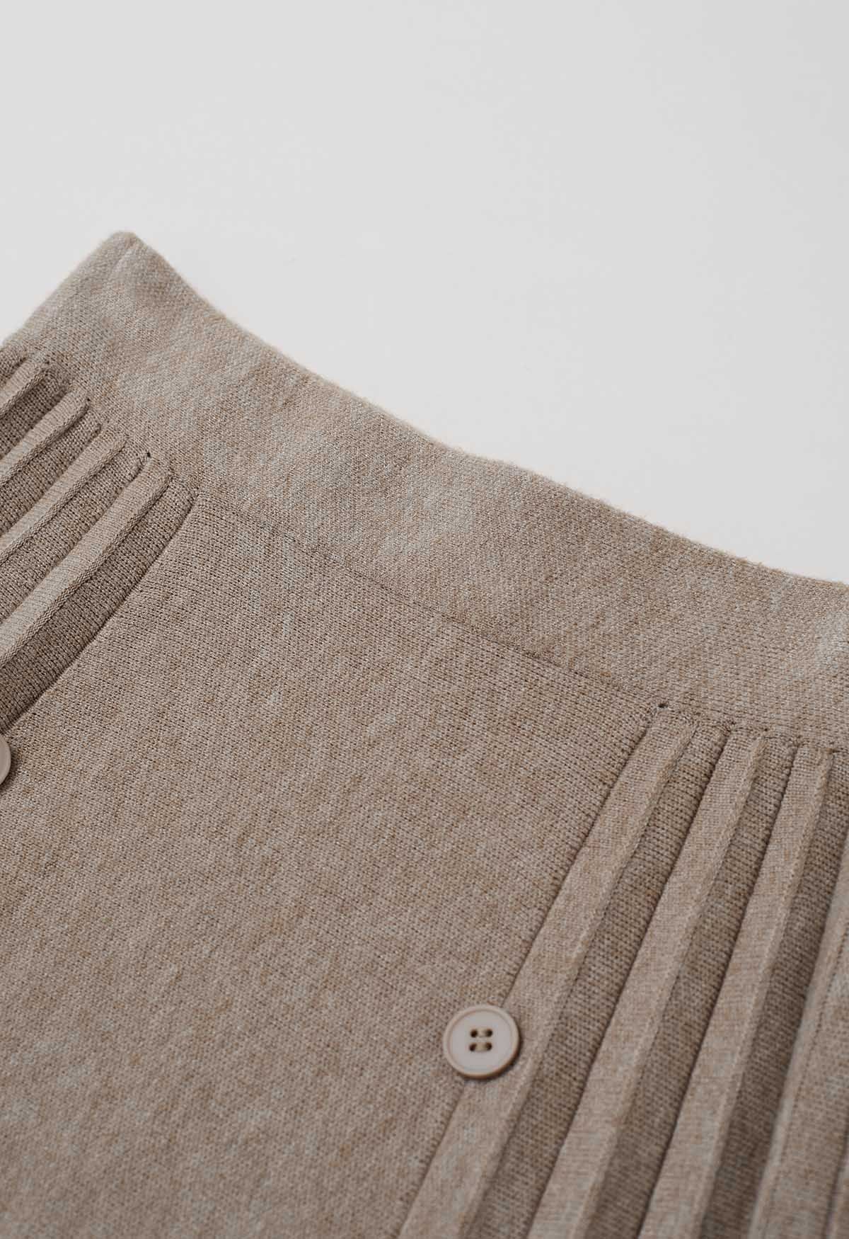 Soft Elegance Button Trim Pleats Knit Skirt in Sand