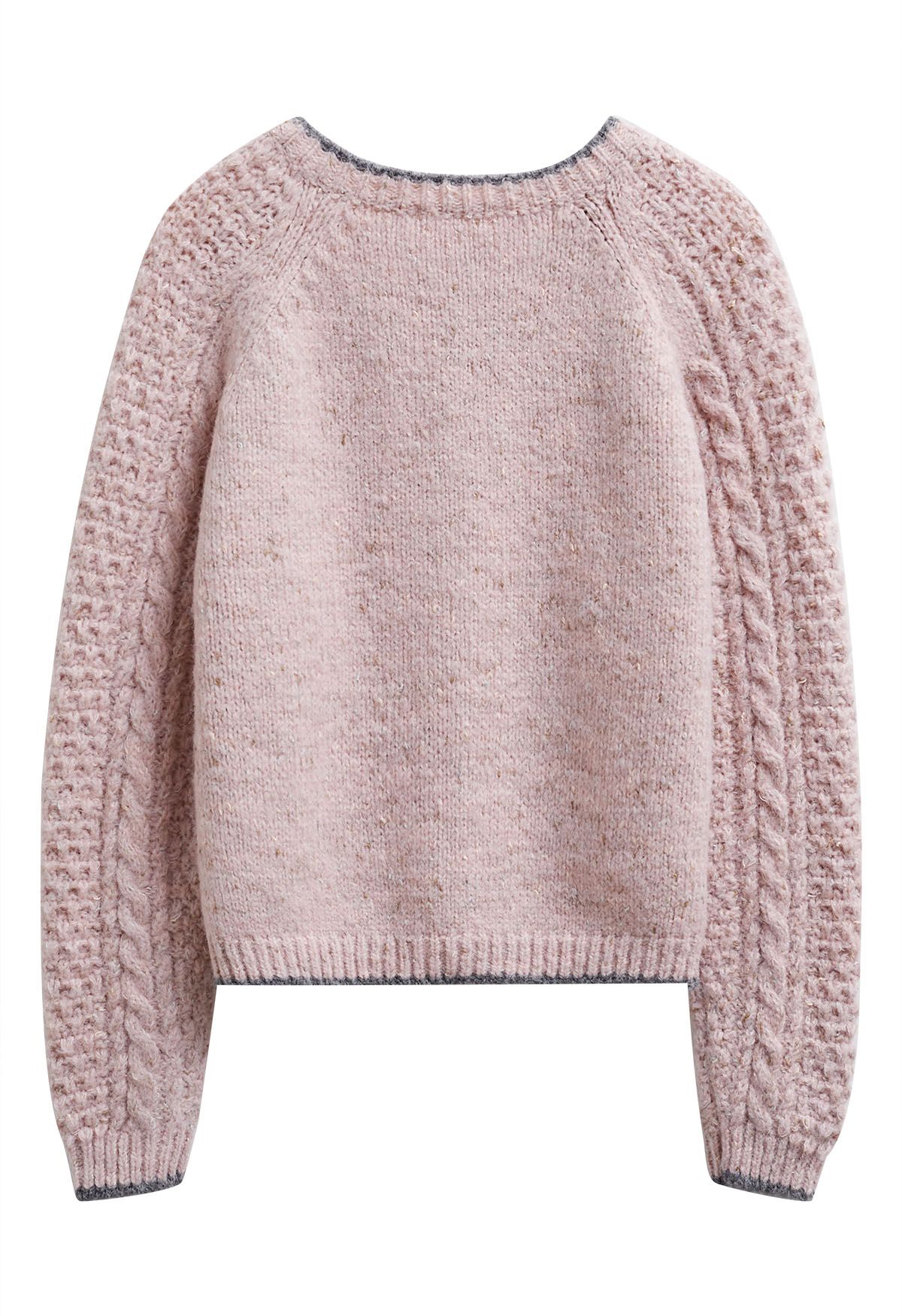 Contrast Edges Braided Knit Buttoned Cardigan in Pink