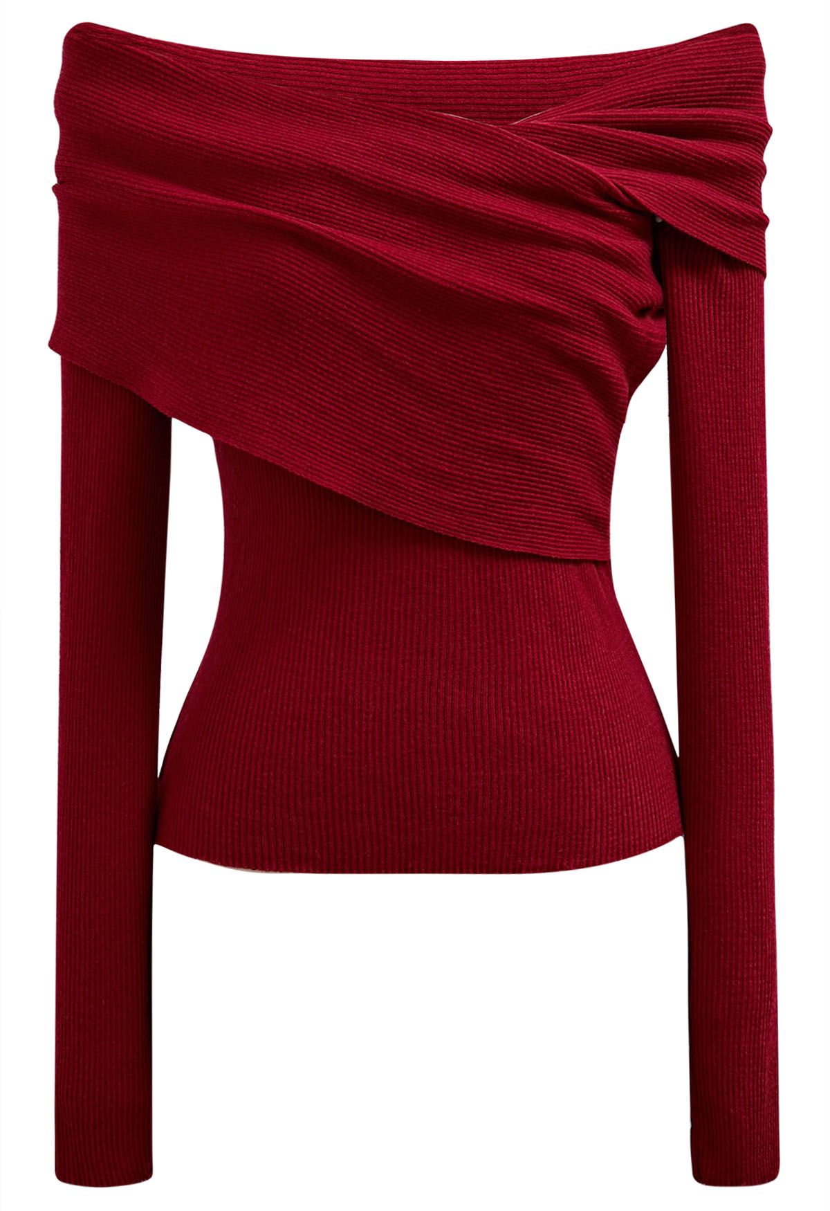 Soft Elegance Off-Shoulder Flap Knit Top in Red