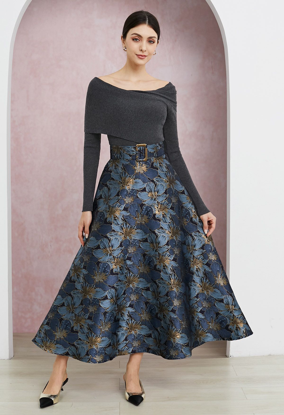 Opulent Bloom Jacquard Belted Flare Maxi Skirt