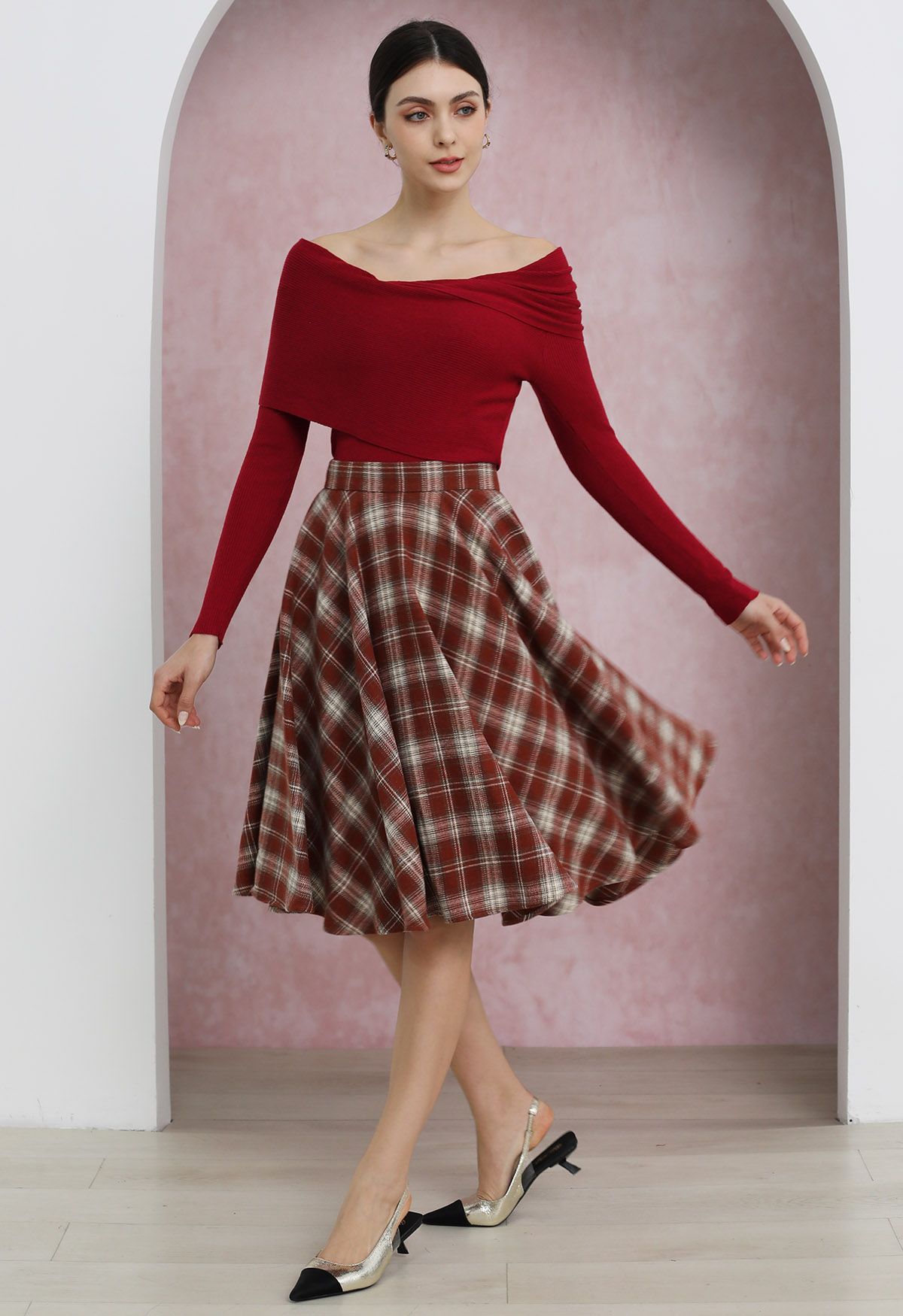 Soft Elegance Off-Shoulder Flap Knit Top in Red