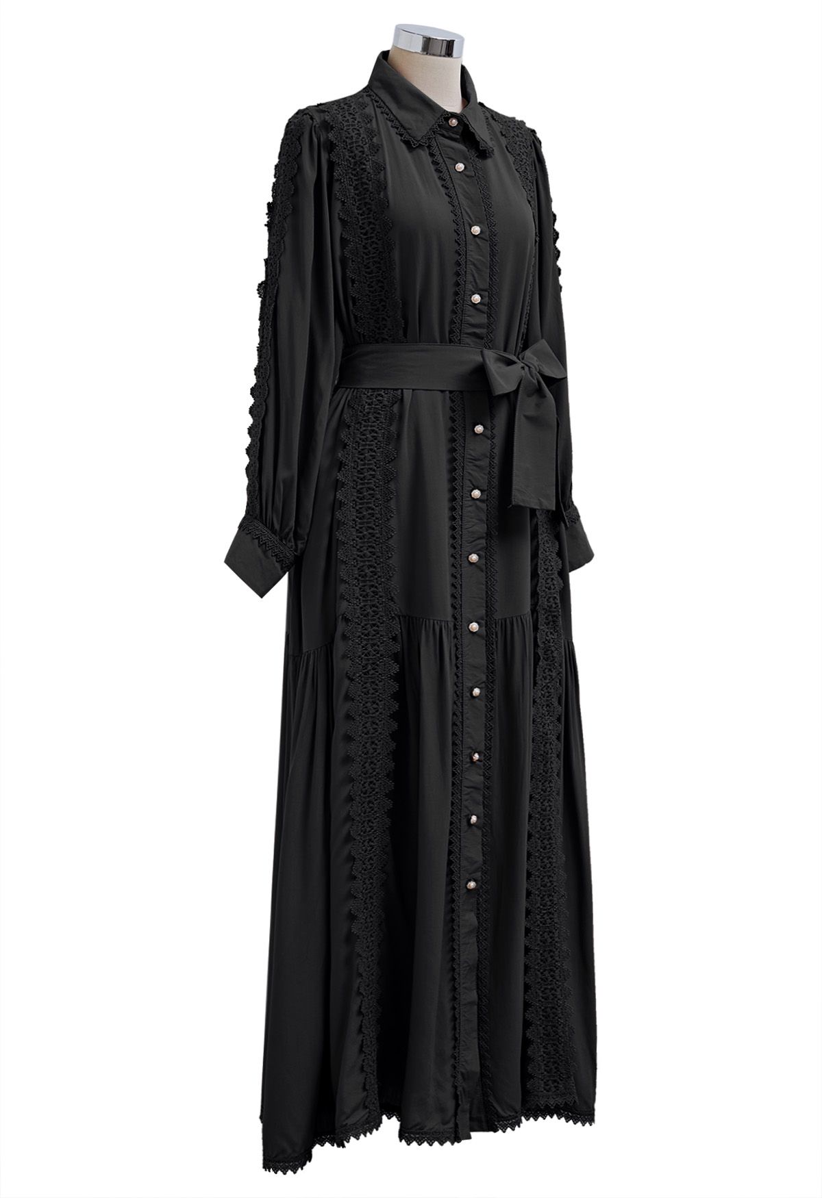 Captivating Lace Tie-Waist Button Down Maxi Dress in Black