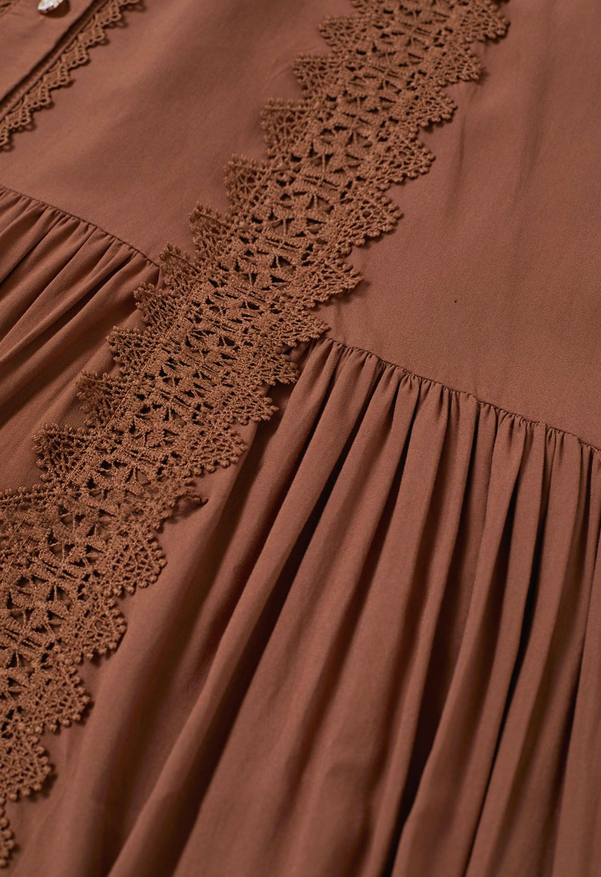 Captivating Lace Tie-Waist Button Down Maxi Dress in Brown