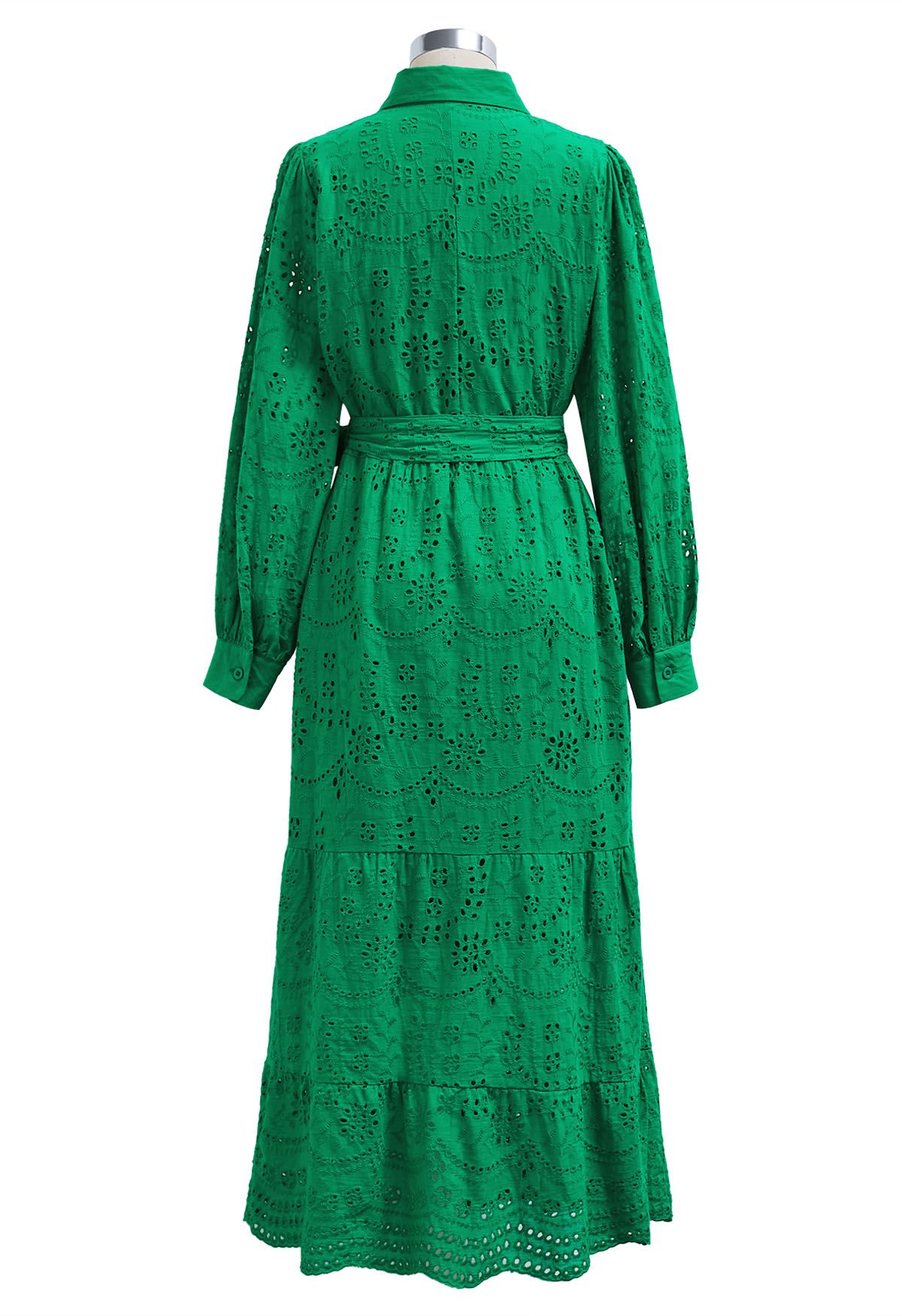 Delicate Eyelet Embroidery Tie-Waist Buttoned Midi Dress in Green