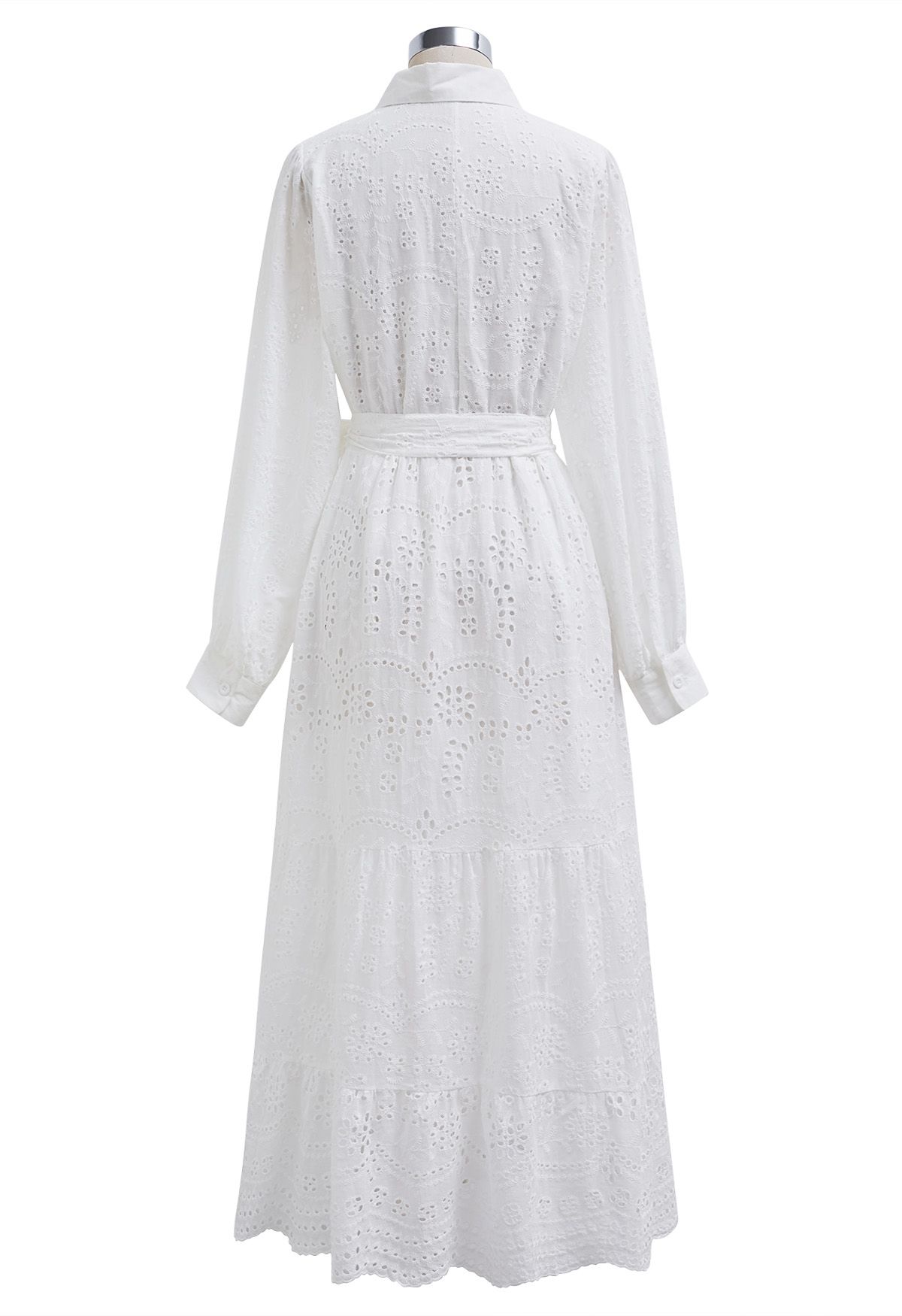 Delicate Eyelet Embroidery Tie-Waist Buttoned Midi Dress in White