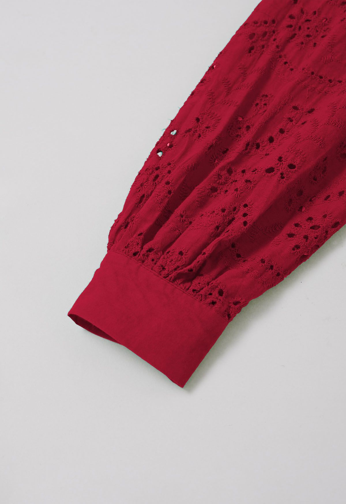 Delicate Eyelet Embroidery Tie-Waist Buttoned Midi Dress in Red