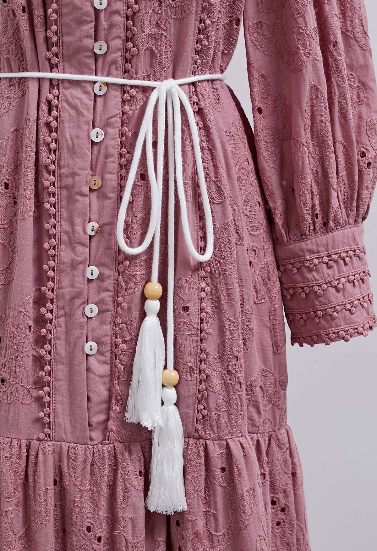 Floral Eyelet Embroidery Tassel String Buttoned Maxi Dress in Mauve