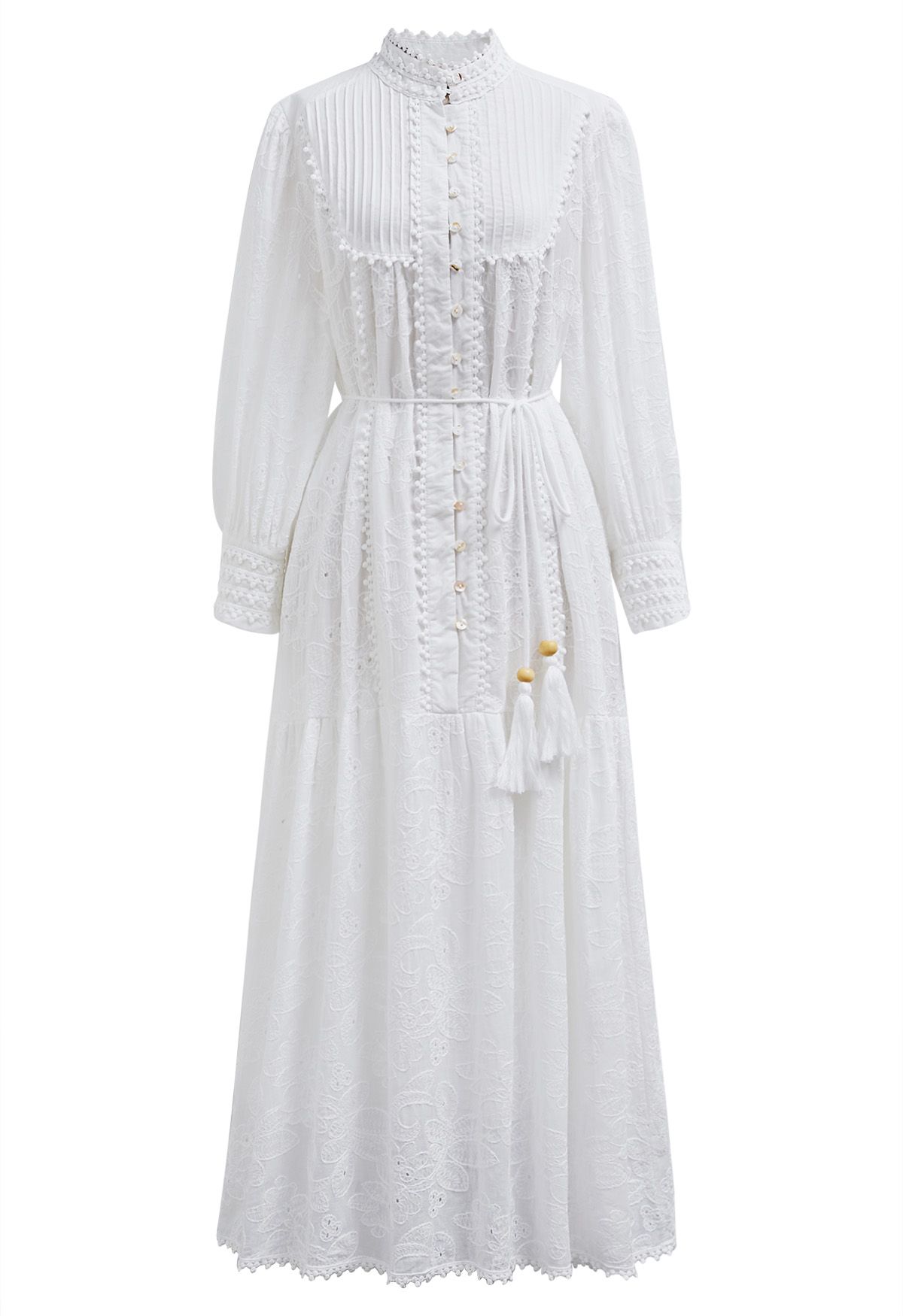 Floral Eyelet Embroidery Tassel String Buttoned Maxi Dress in White