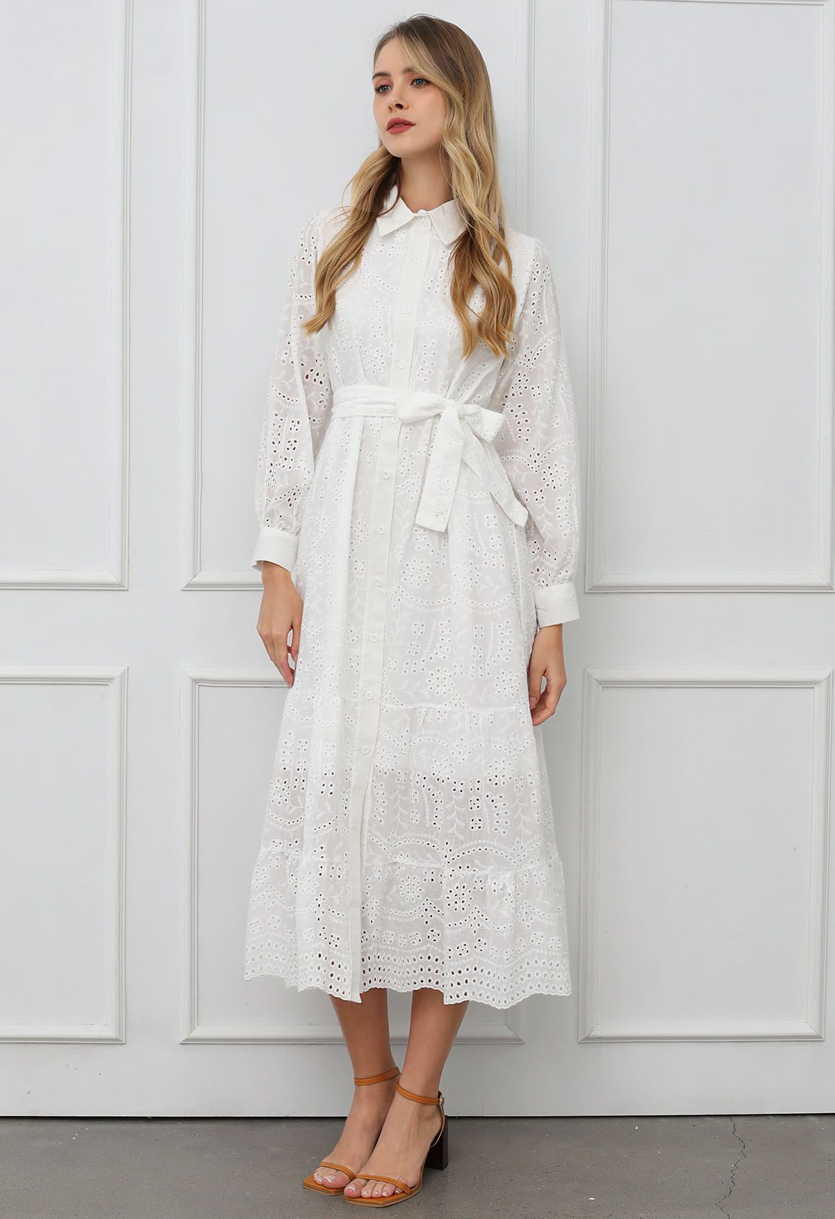 Delicate Eyelet Embroidery Tie-Waist Buttoned Midi Dress in White