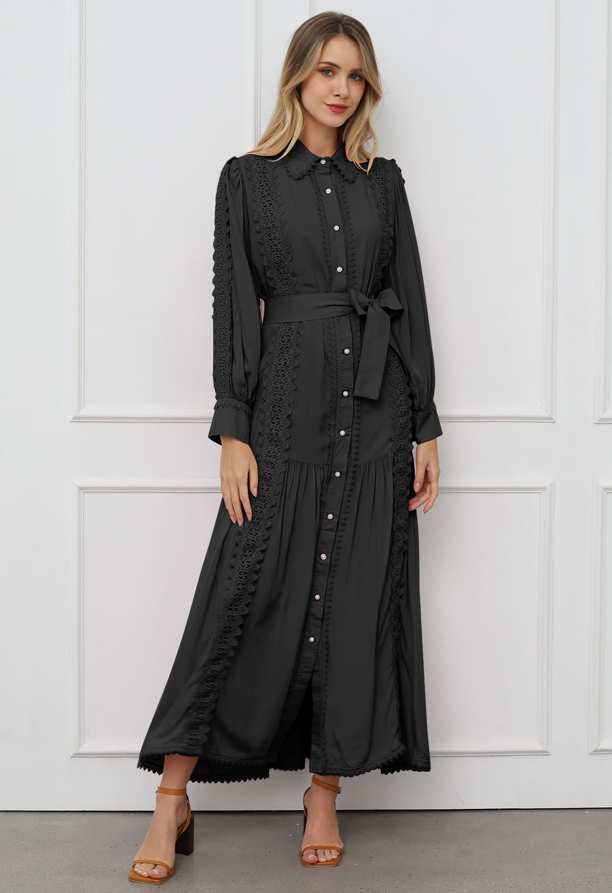 Captivating Lace Tie-Waist Button Down Maxi Dress in Black