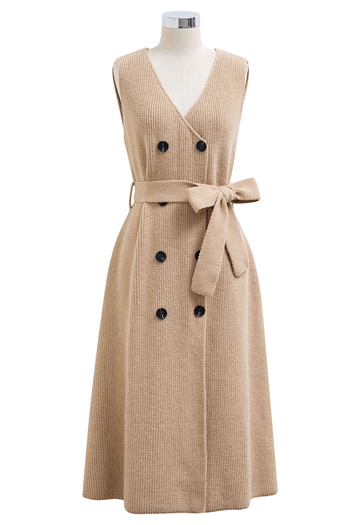 Double-Breasted Sleeveless Knit Dress and Cardigan Set in Tan