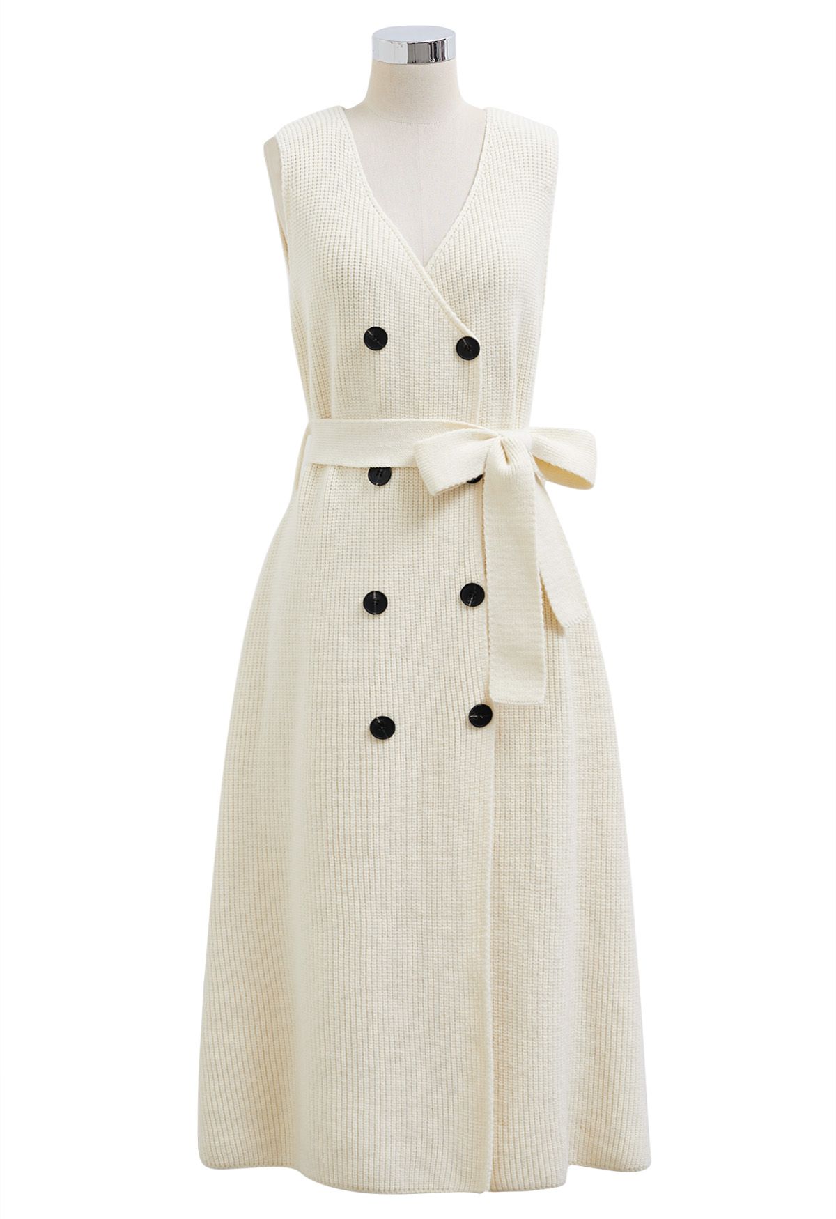 Double-Breasted Sleeveless Knit Dress and Cardigan Set in Cream