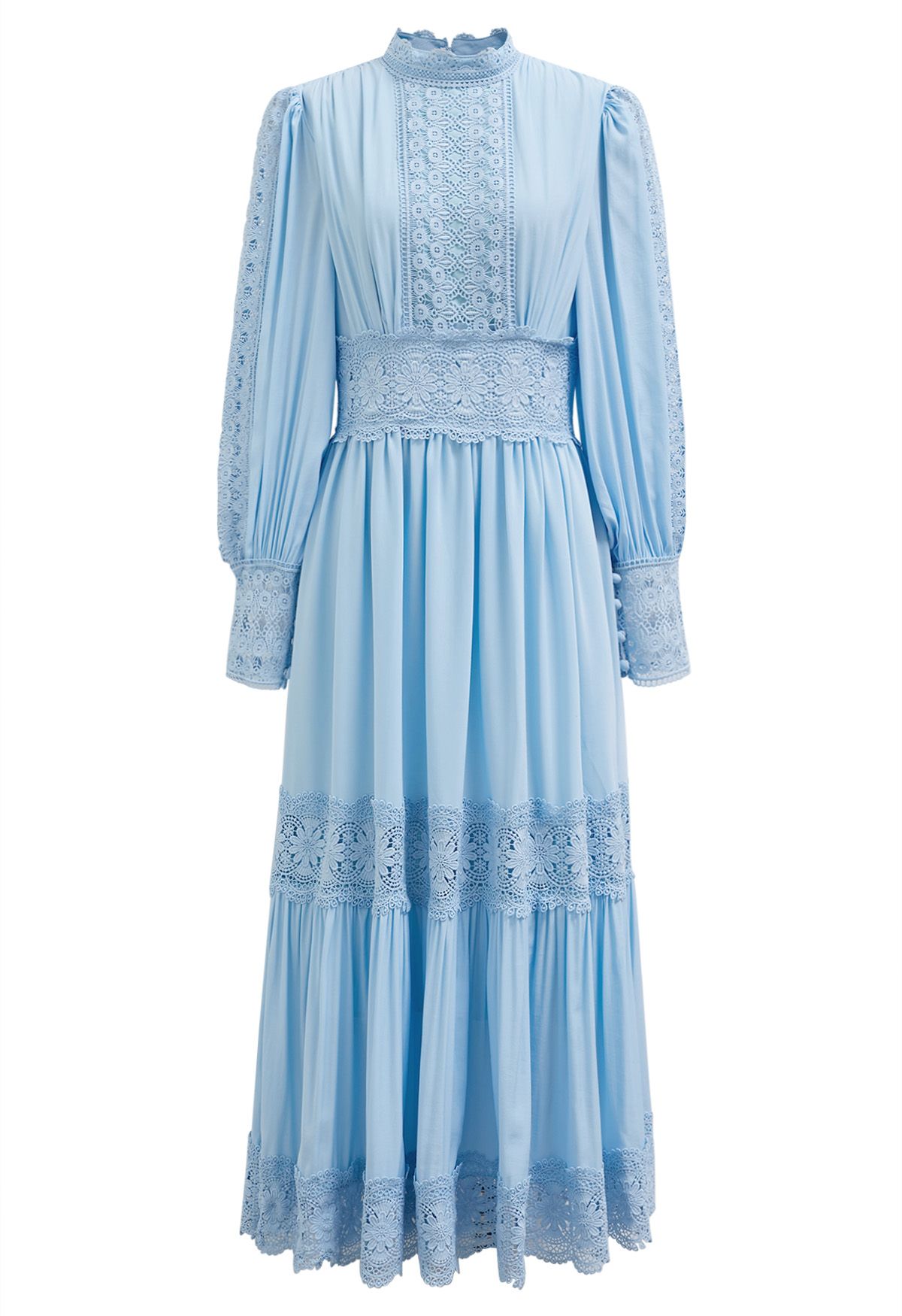 Victorian Elegance Cutwork Lace Maxi Dress in Baby Blue