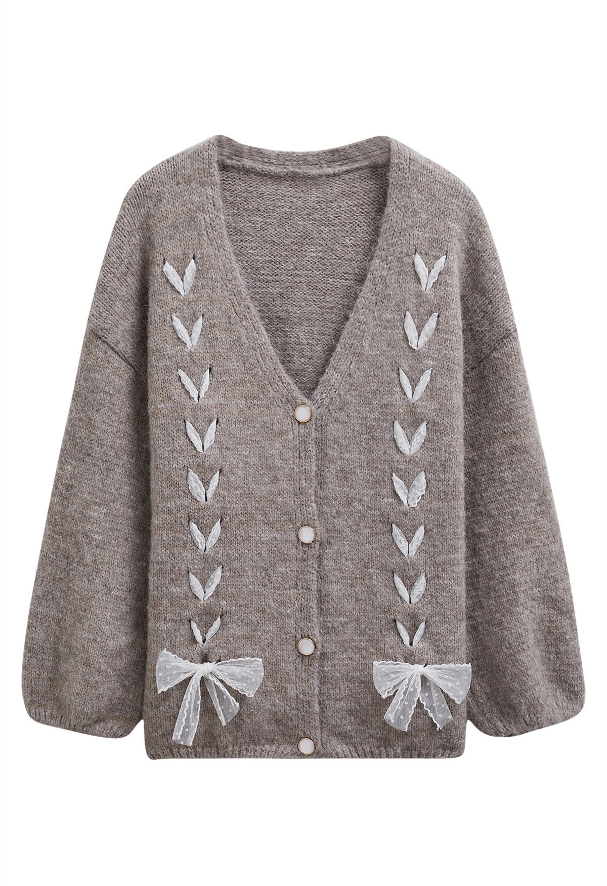 Lace Ribbon Lace-Up Fuzzy Knit Cardigan in Taupe