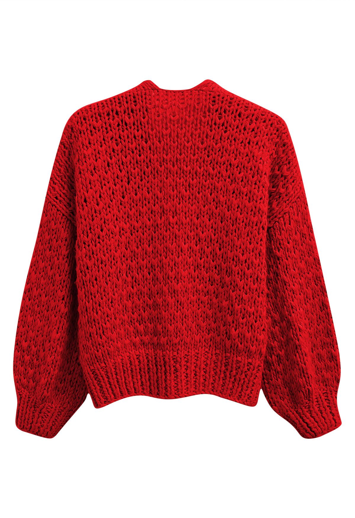 Chunky Hand Knit Patch Pocket Open Front Cardigan in Red