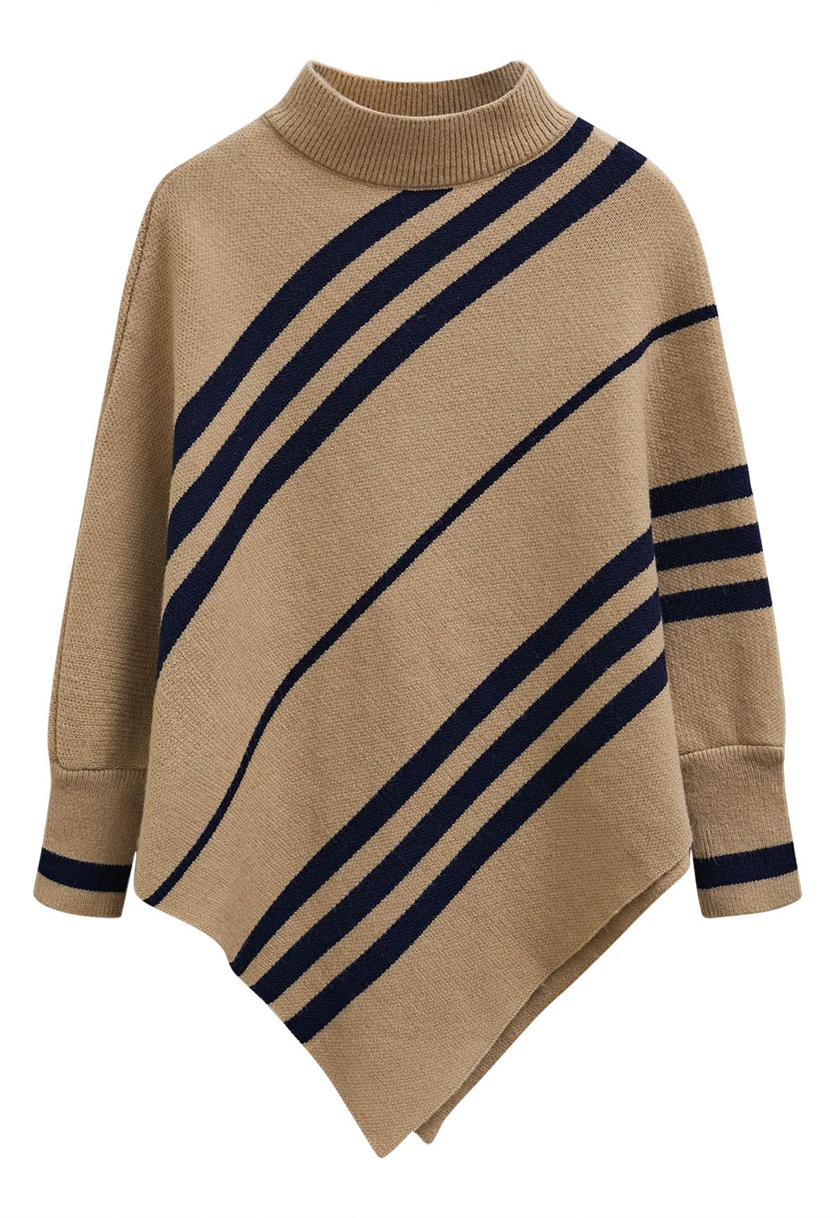 Diagonal Stripe Mock Neck Asymmetric Poncho