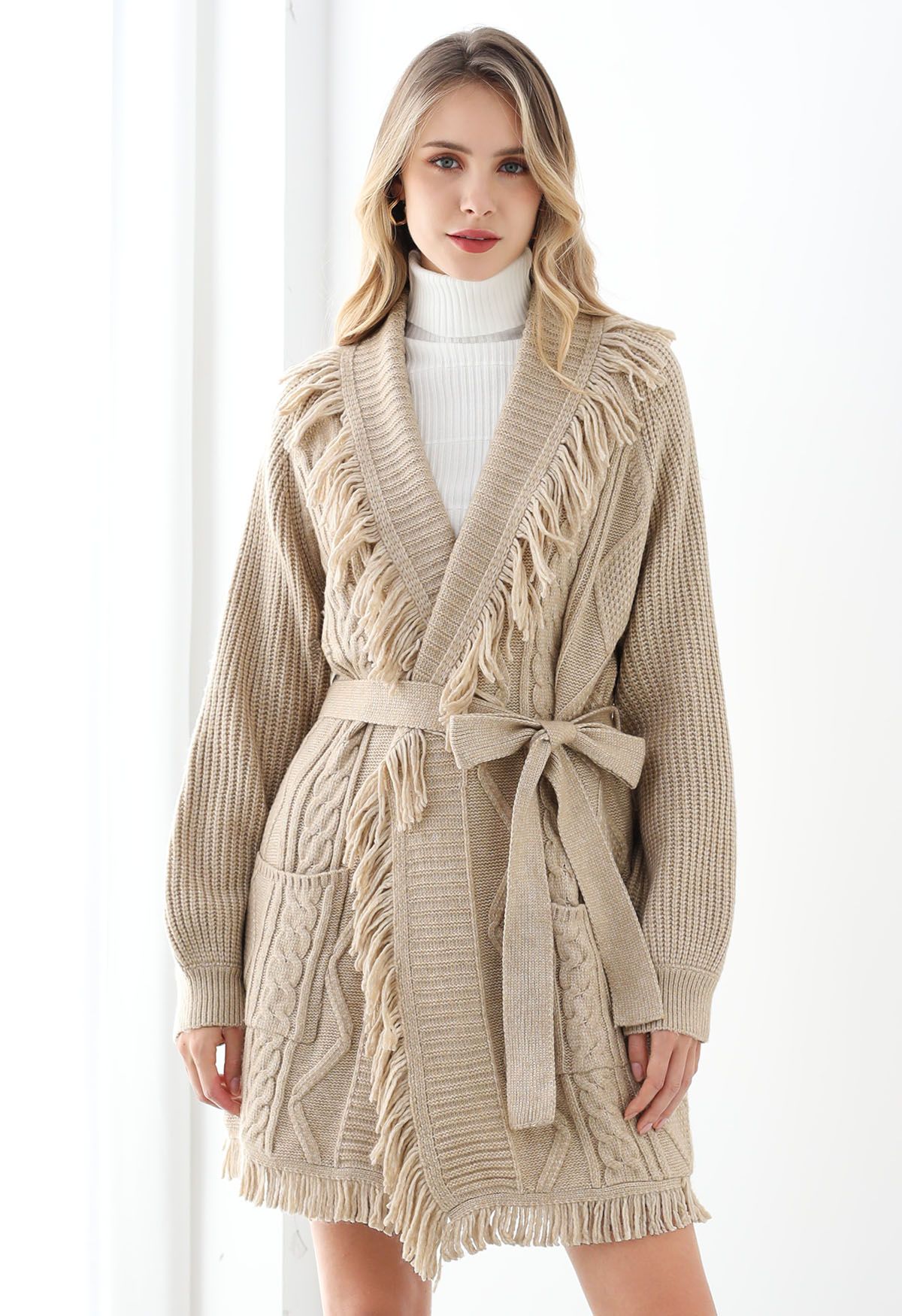 Fringe Trim Cable Knit Belted Cardigan in Oatmeal