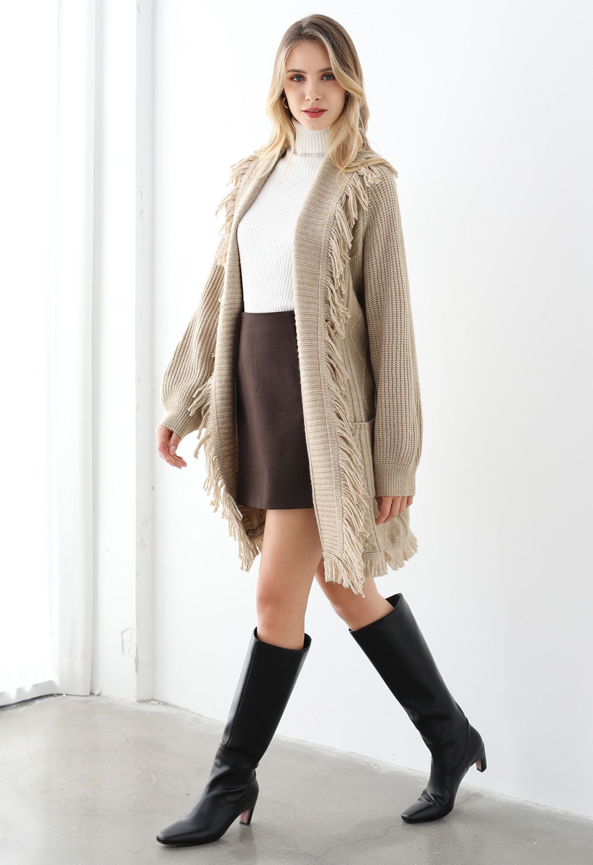 Fringe Trim Cable Knit Belted Cardigan in Oatmeal