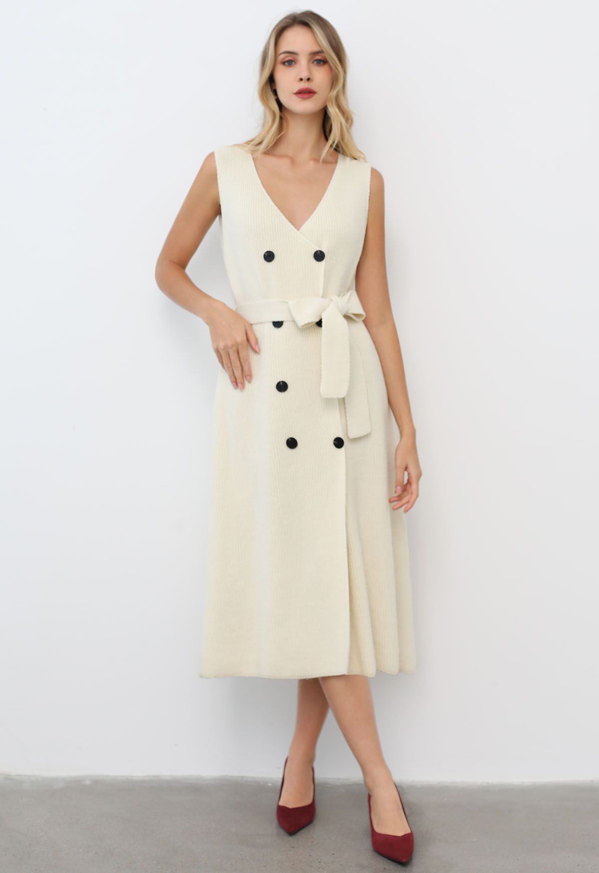 Double-Breasted Sleeveless Knit Dress and Cardigan Set in Cream