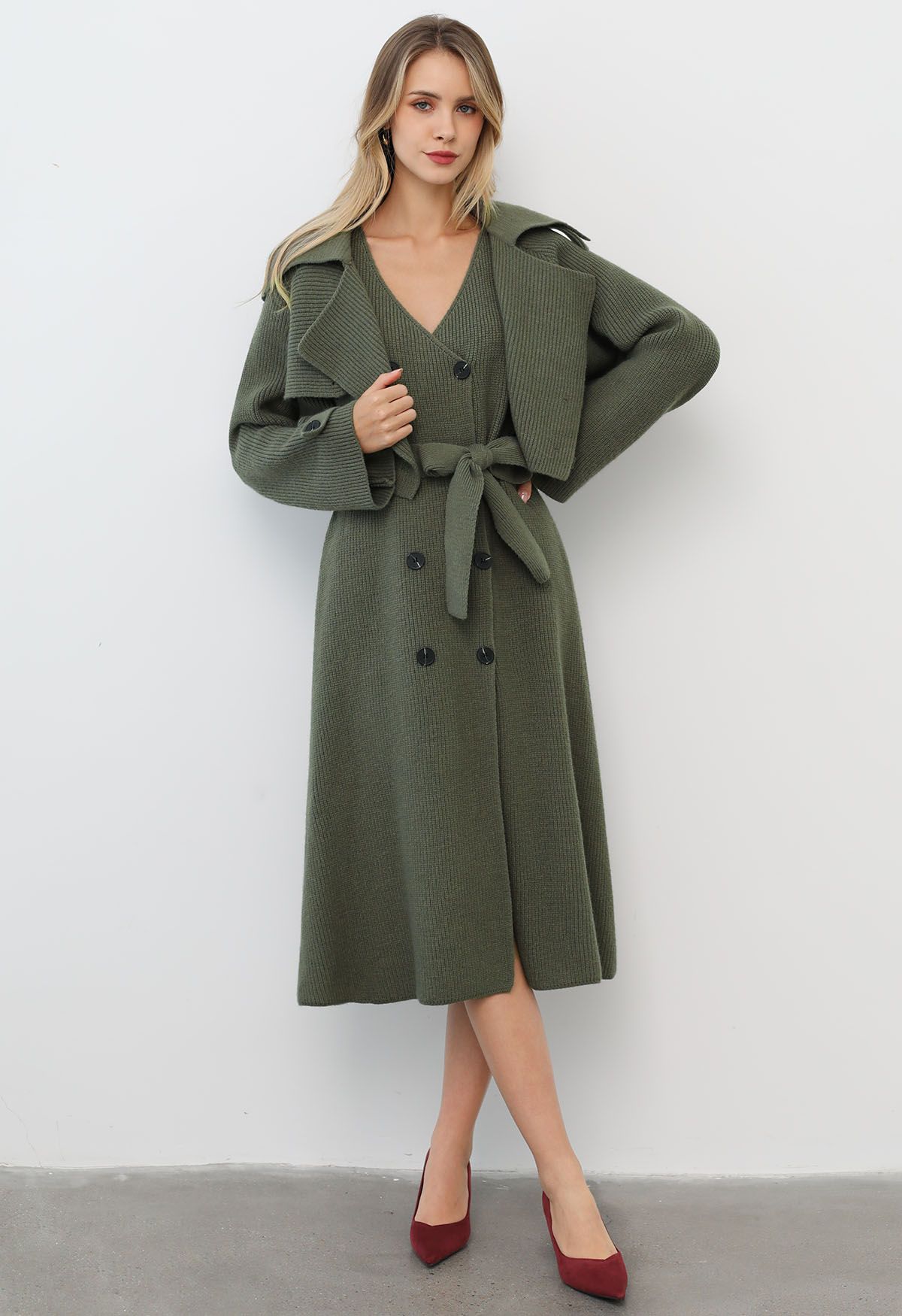 Double-Breasted Sleeveless Knit Dress and Cardigan Set in Army Green