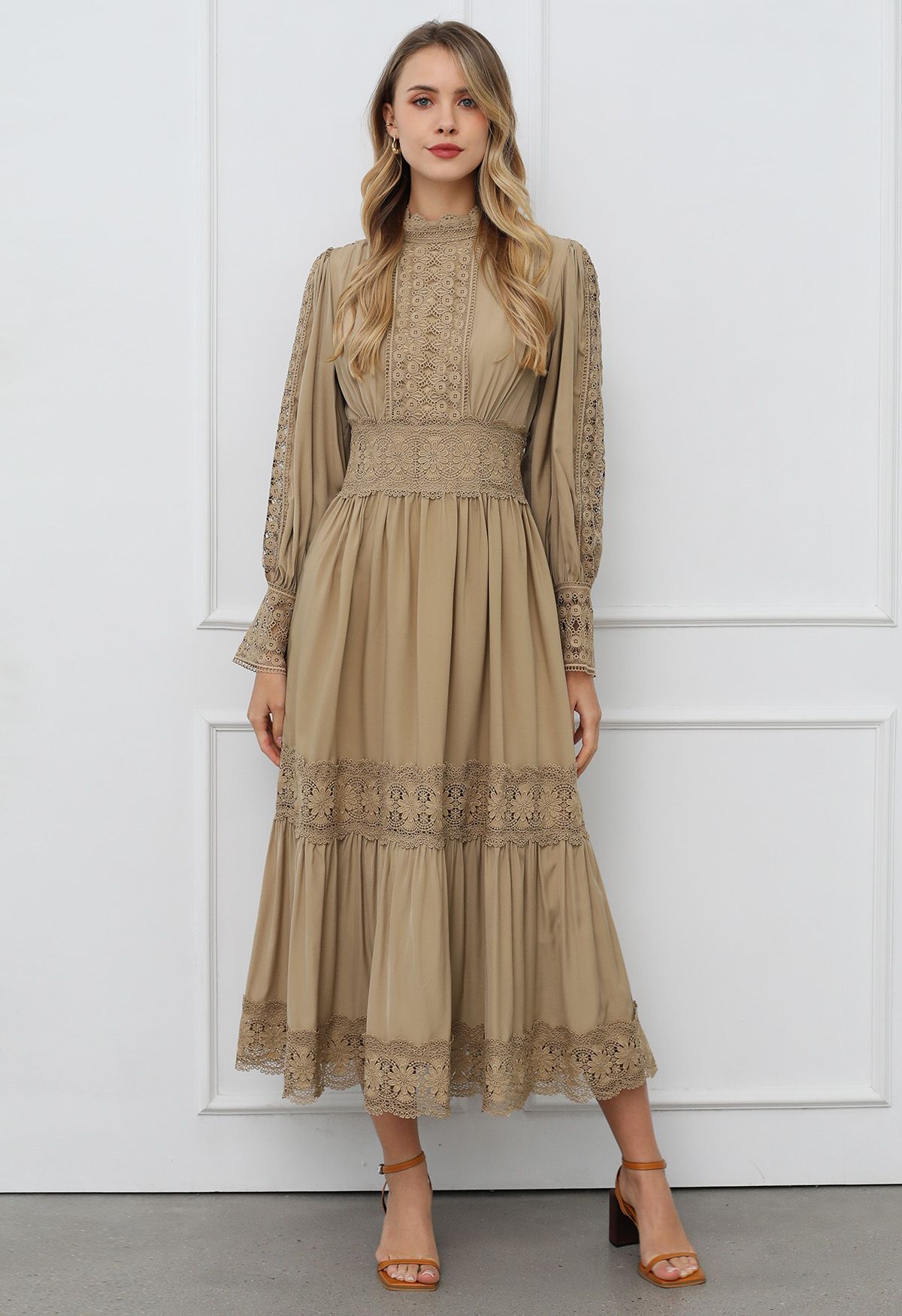 Victorian Elegance Cutwork Lace Maxi Dress in Tan