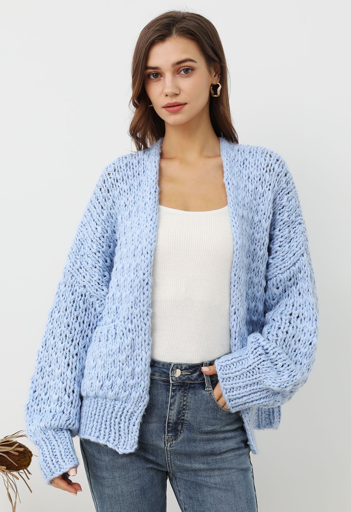 Chunky Hand Knit Patch Pocket Open Front Cardigan in Baby Blue