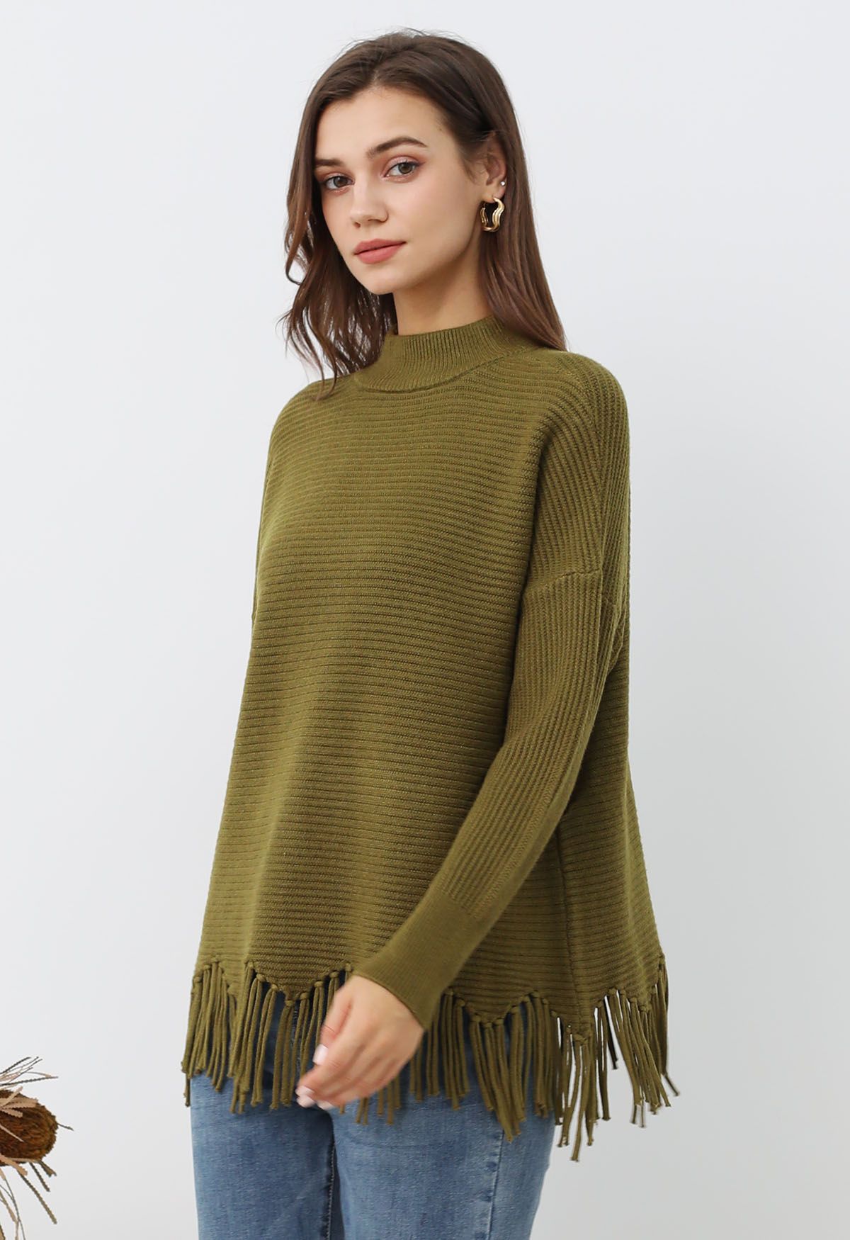 Asymmetric Fringe Hem Drop Shoulder Knit Sweater in Olive