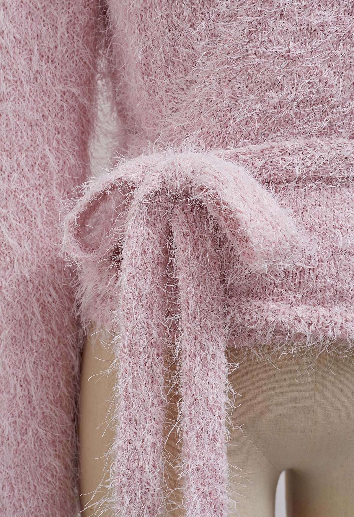 Wrap V-Neck Tie-Waist Fuzzy Knit Top in Light Pink