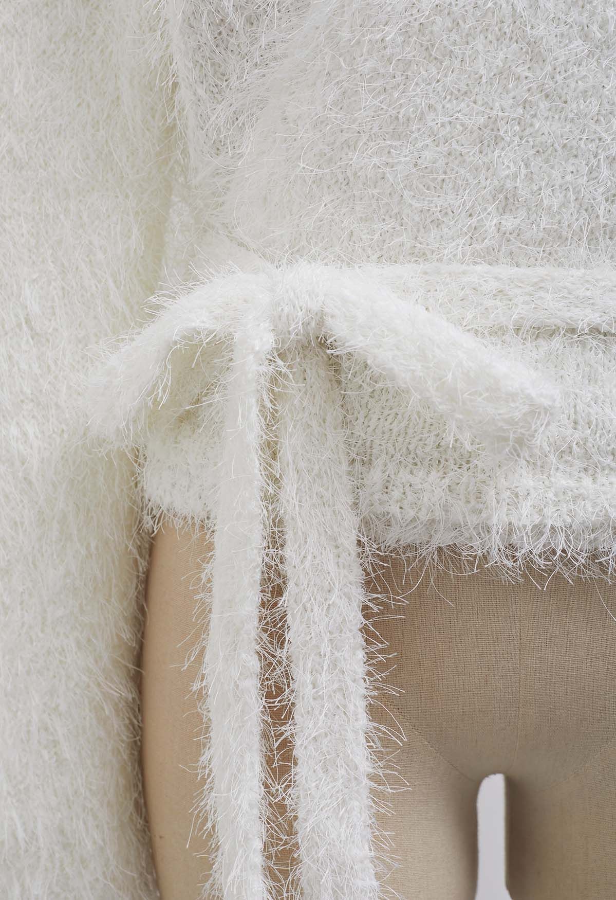 Wrap V-Neck Tie-Waist Fuzzy Knit Top in White