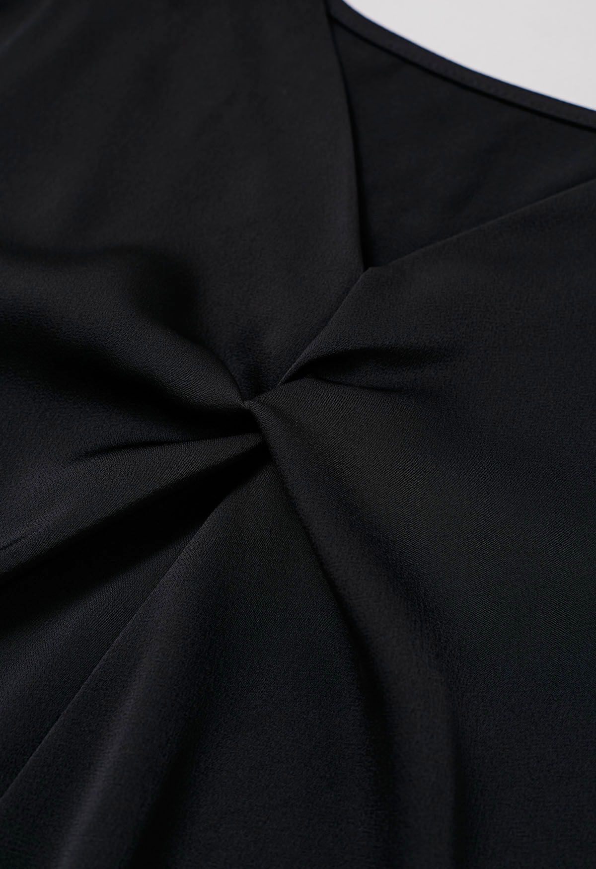 Ribbon V-Neckline Twist Detail Satin Top in Black