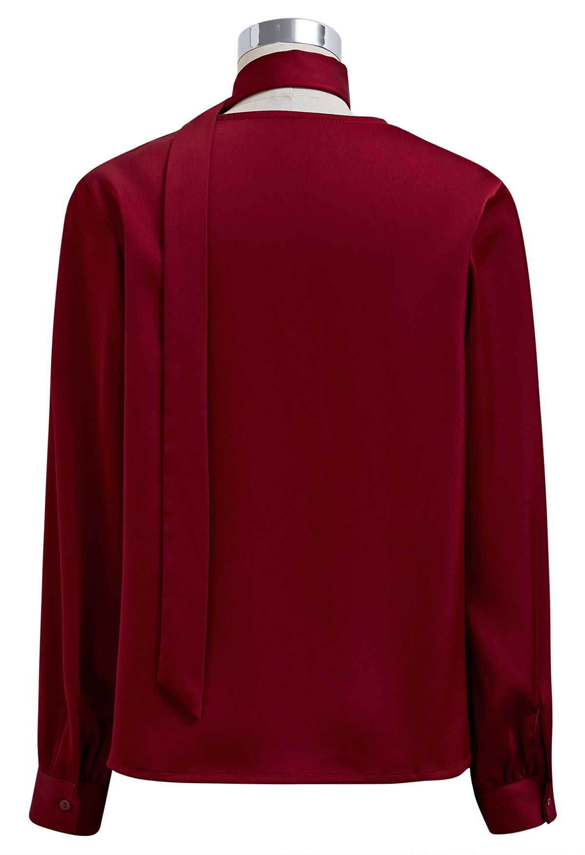 Ribbon V-Neckline Twist Detail Satin Top in Red