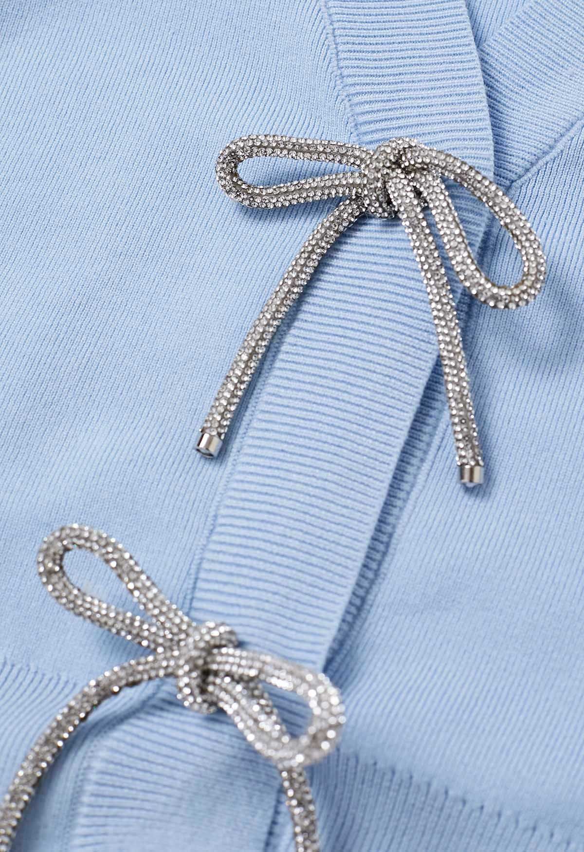 Sparkling Bowknot Buttoned Lantern Sleeve Knit Cardigan in Baby Blue