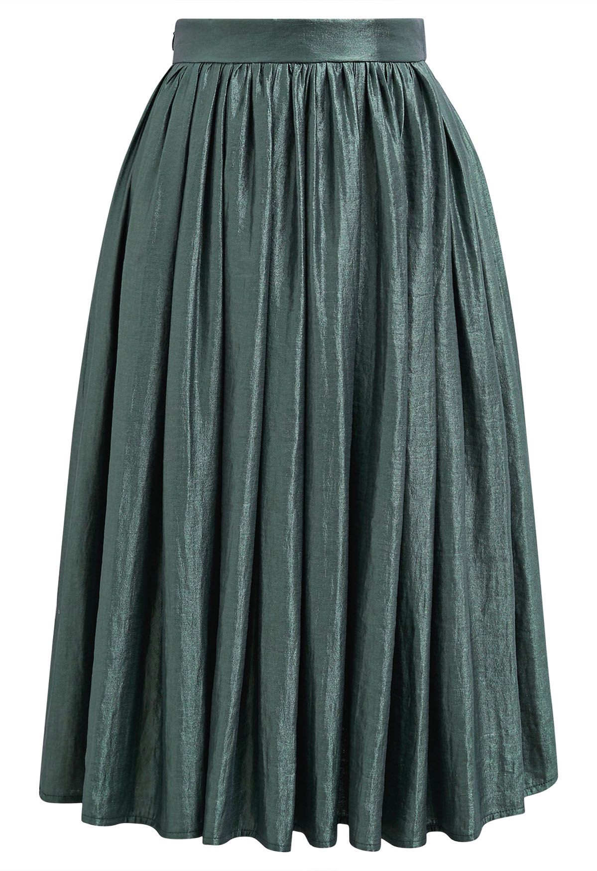 Glossy Emerald Pleated Midi Skirt