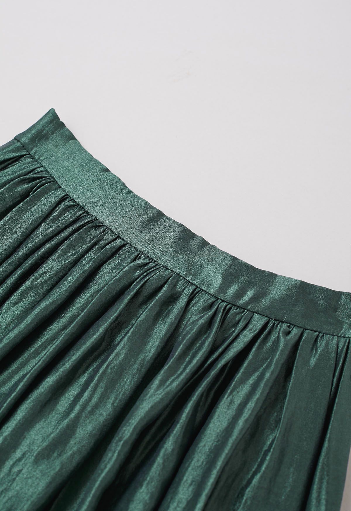 Glossy Emerald Pleated Midi Skirt