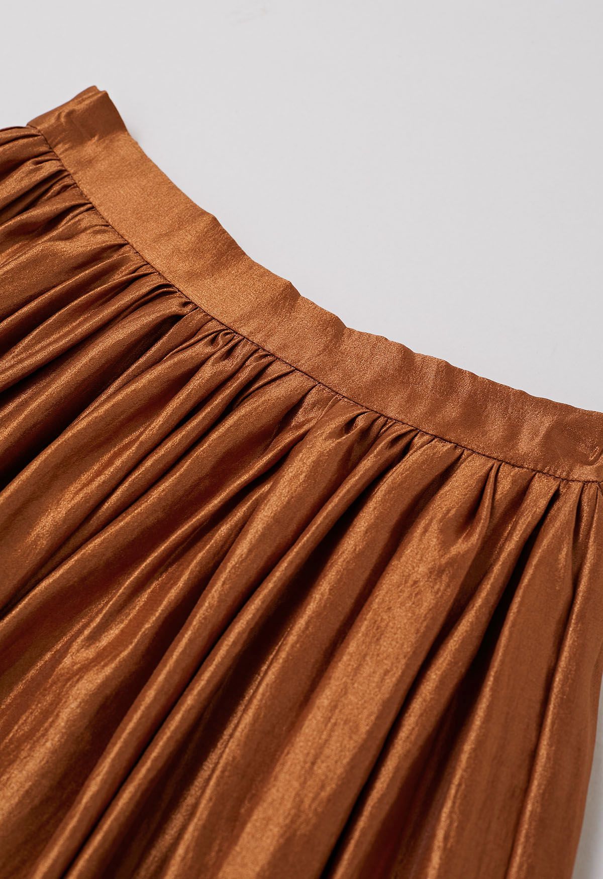 Glossy Orange Pleated Midi Skirt