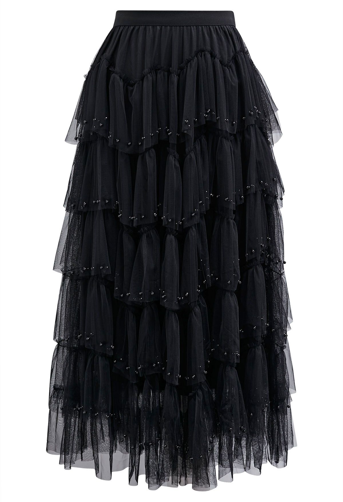 Ethereal Tiered Pearl Tulle Maxi Skirt in Black