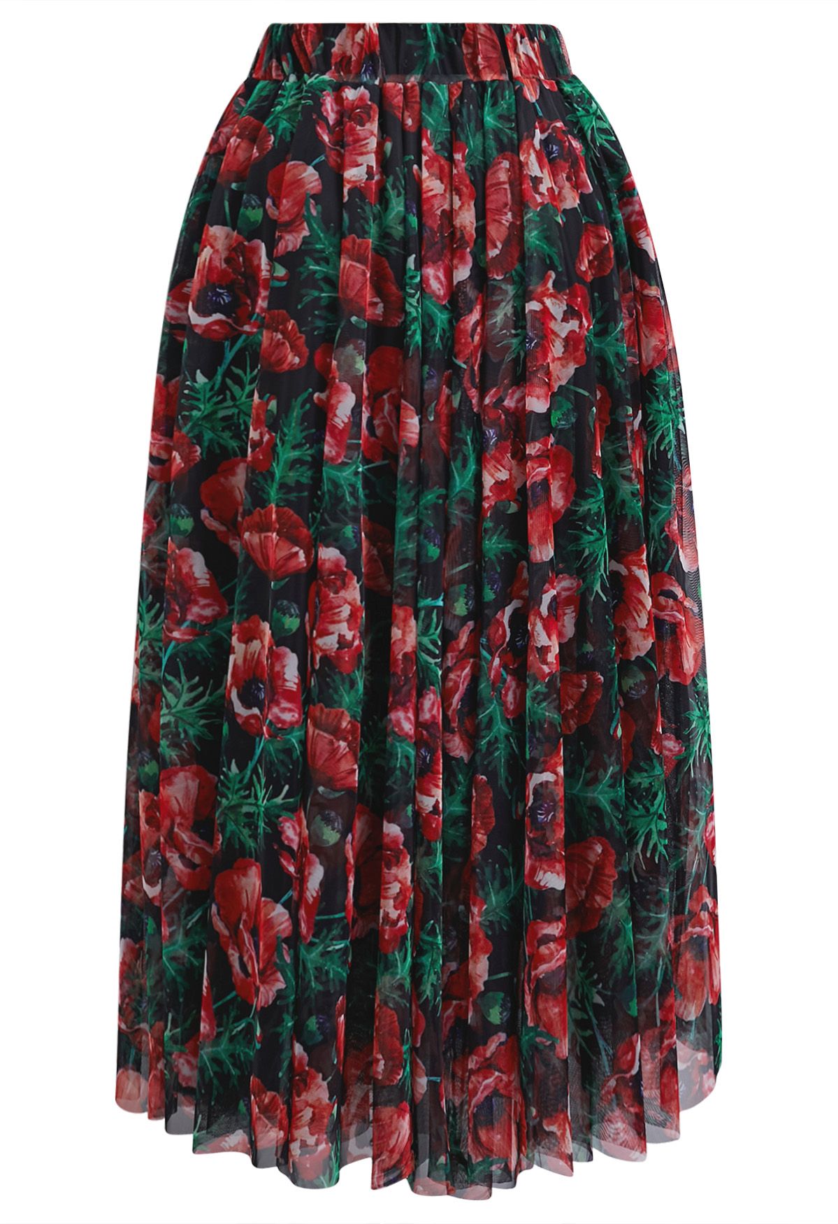 Scarlet Floral Printed Mesh Tulle Midi Skirt