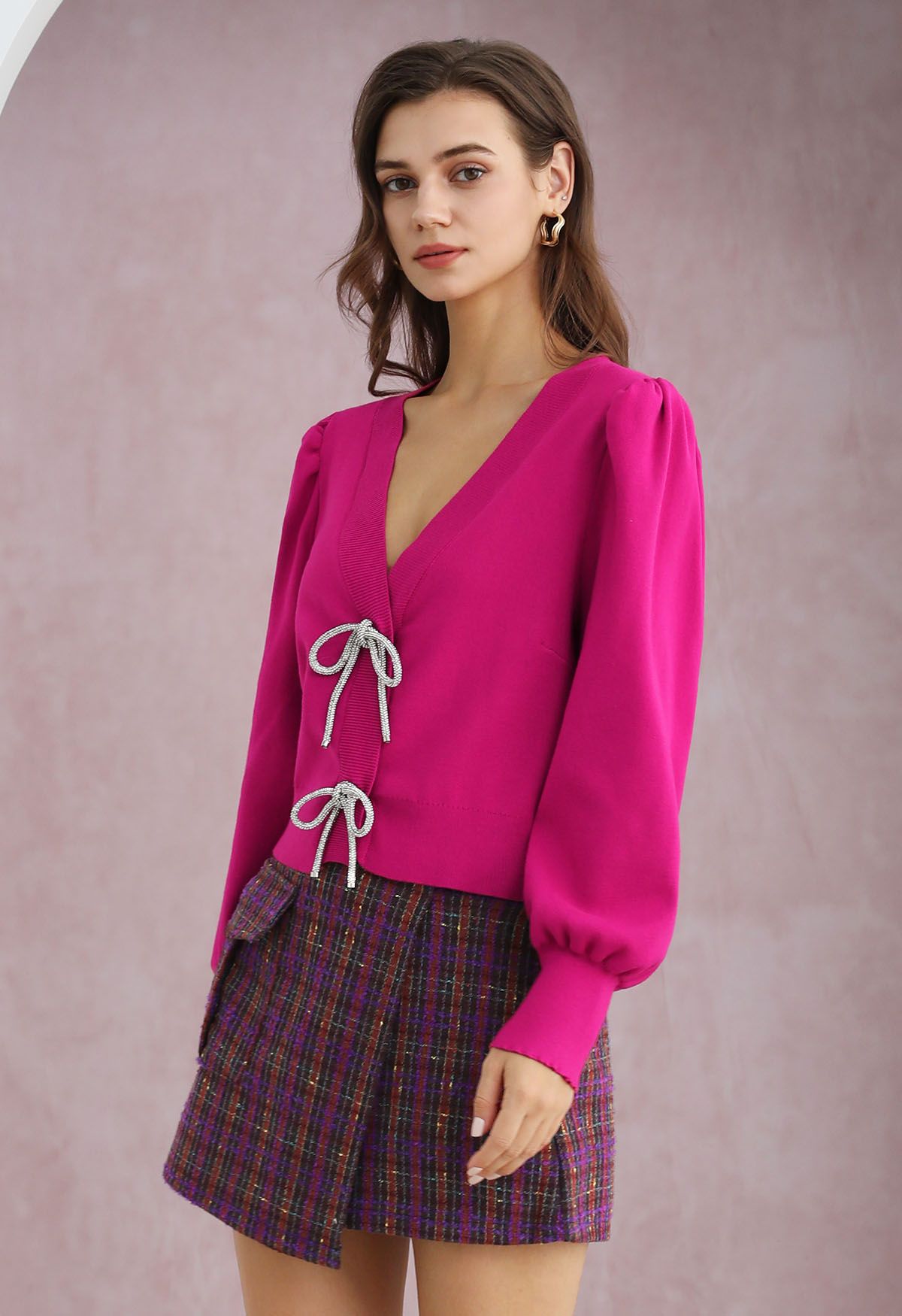 Sparkling Bowknot Buttoned Lantern Sleeve Knit Cardigan in Magenta