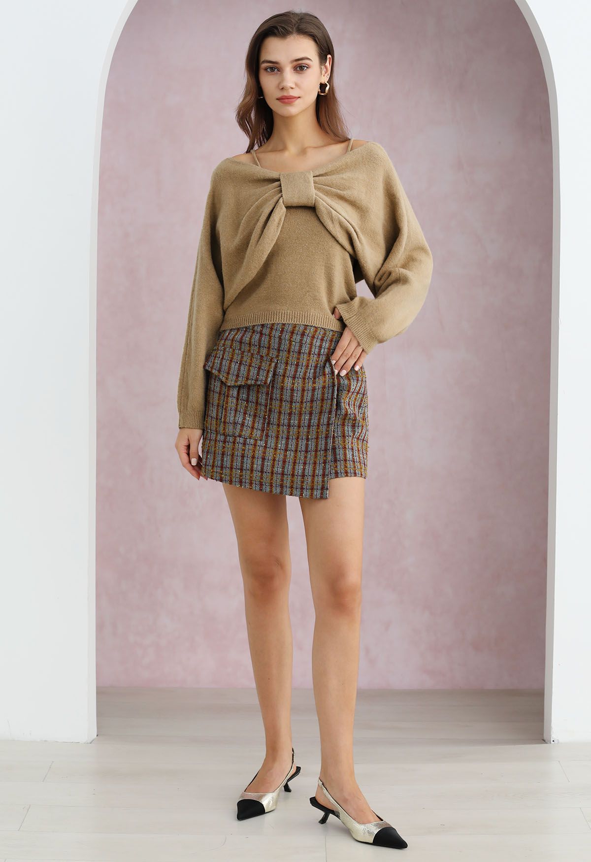 Mesmerizing Bowknot Cami Top and Sweater Set in Camel