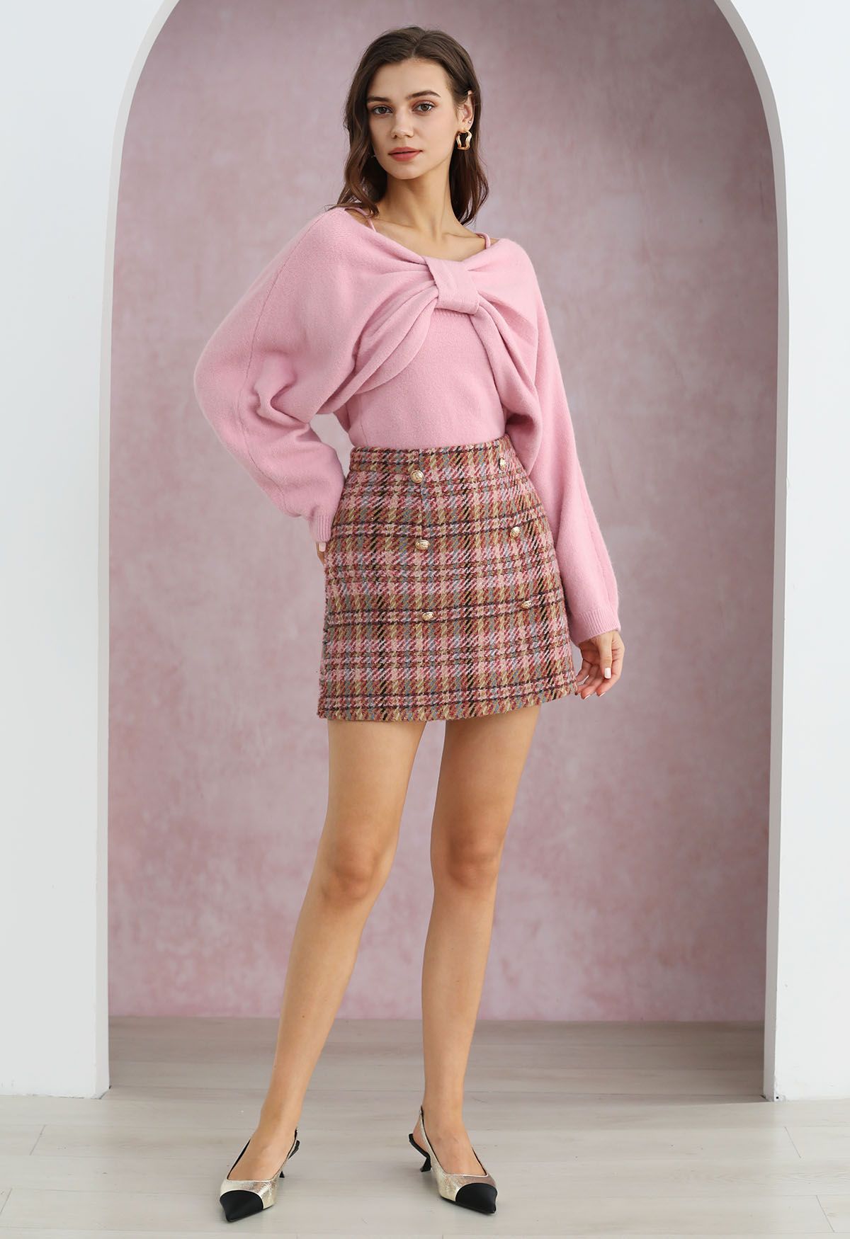 Mesmerizing Bowknot Cami Top and Sweater Set in Pink